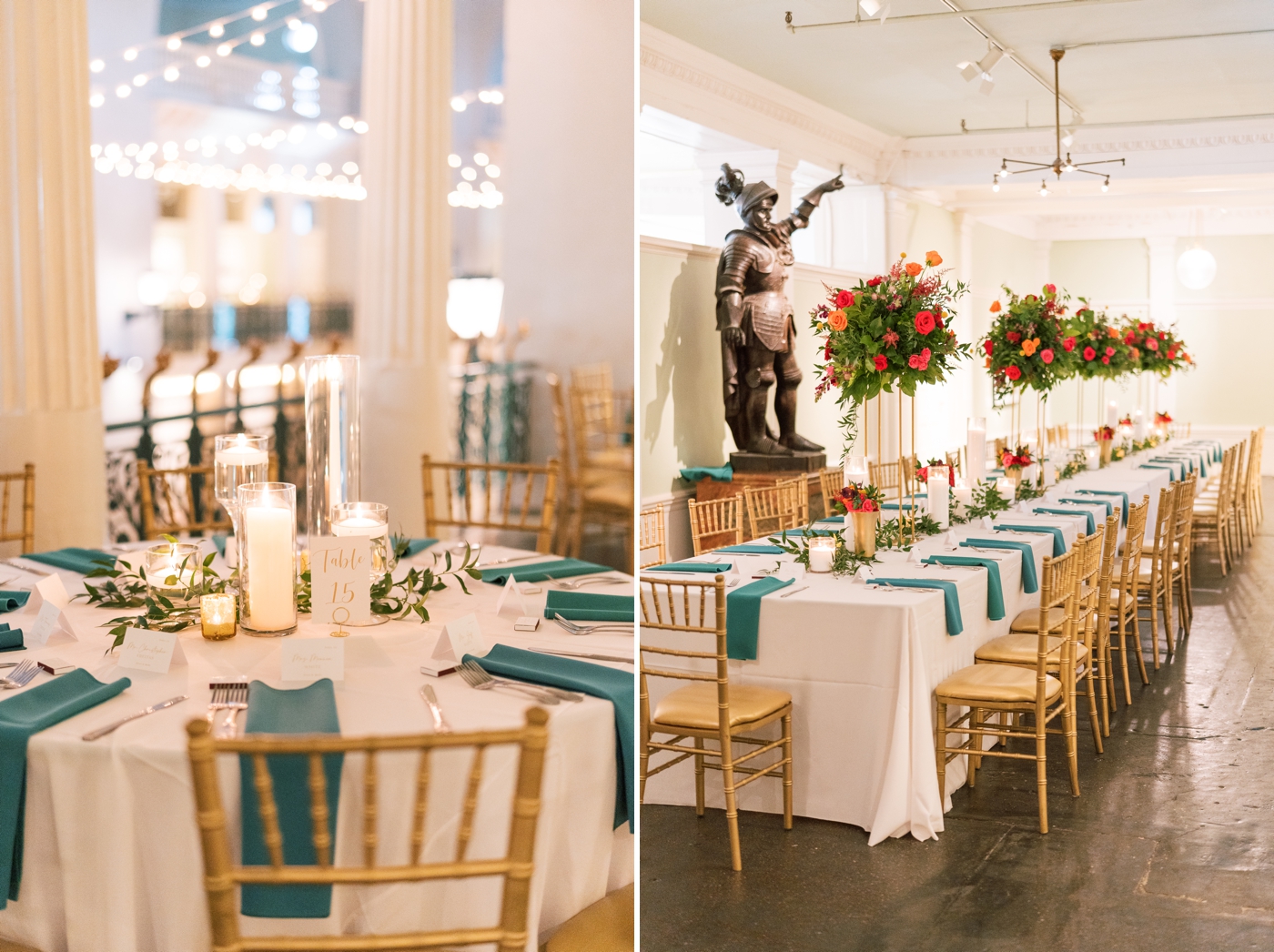 wedding reception table with white tablecloth, teal napkins, and gold chiavari chairs with tall pink and orange floral arrangements