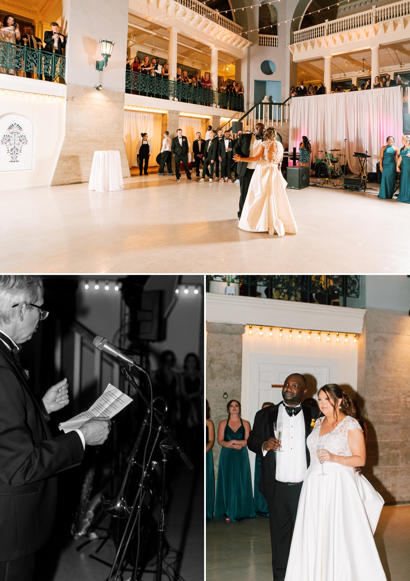 bride and groom first dance in ballroom at The Lightner Museum