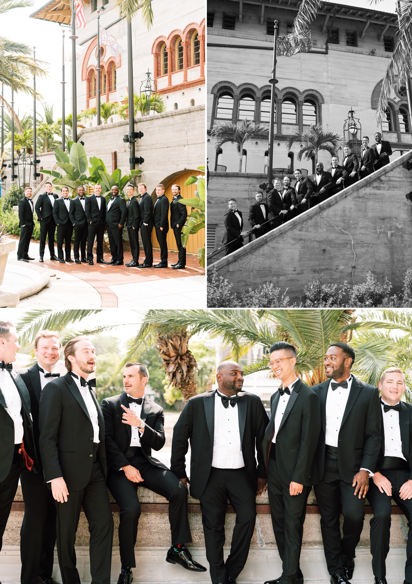 groomsmen in tuxedos leaning on railing outside of The Lightner Museum in St. Augustine, Florida 