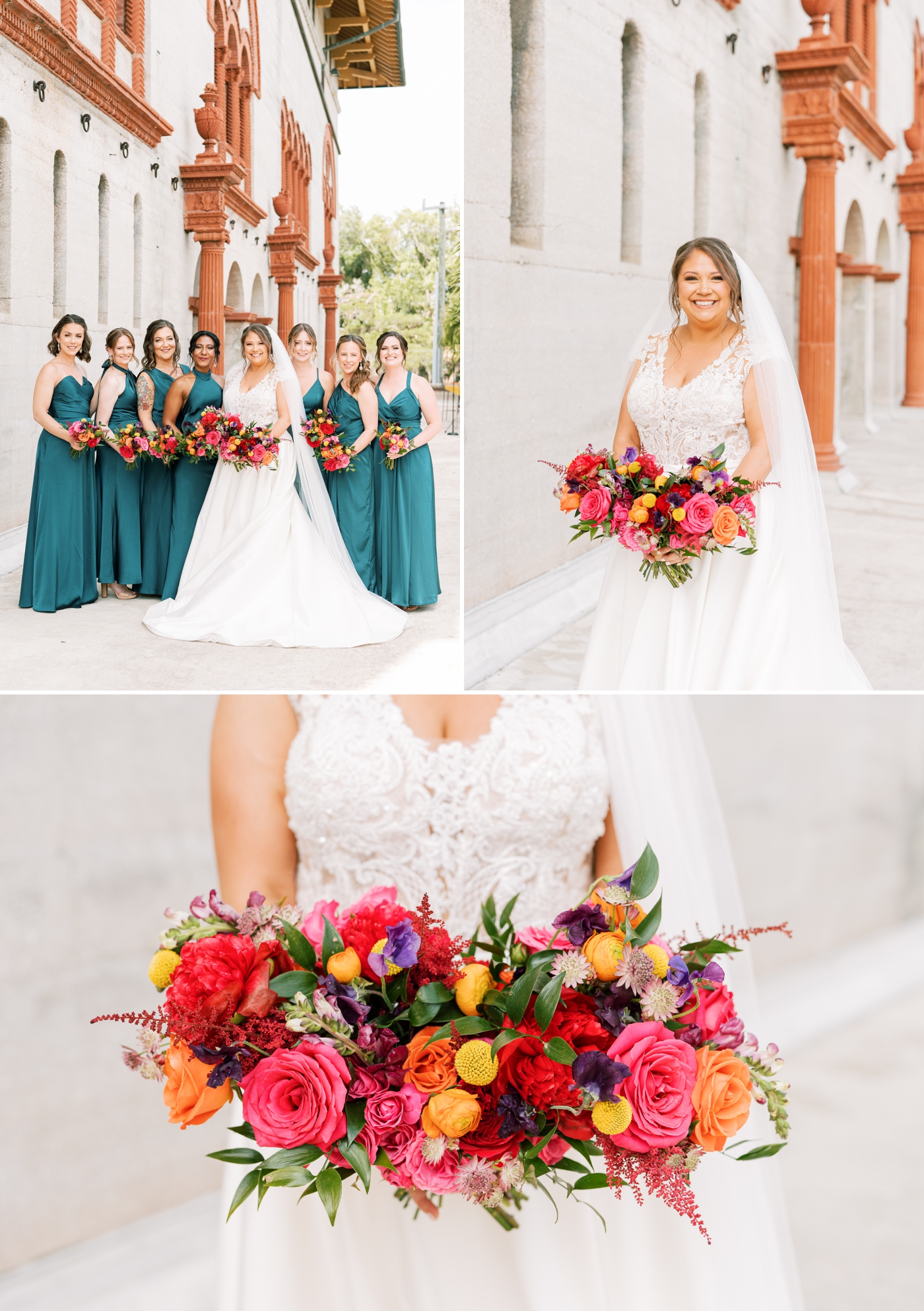 Bride wearing v-neck lace dress and plain tulle veil holding rainbow bridal bouquet