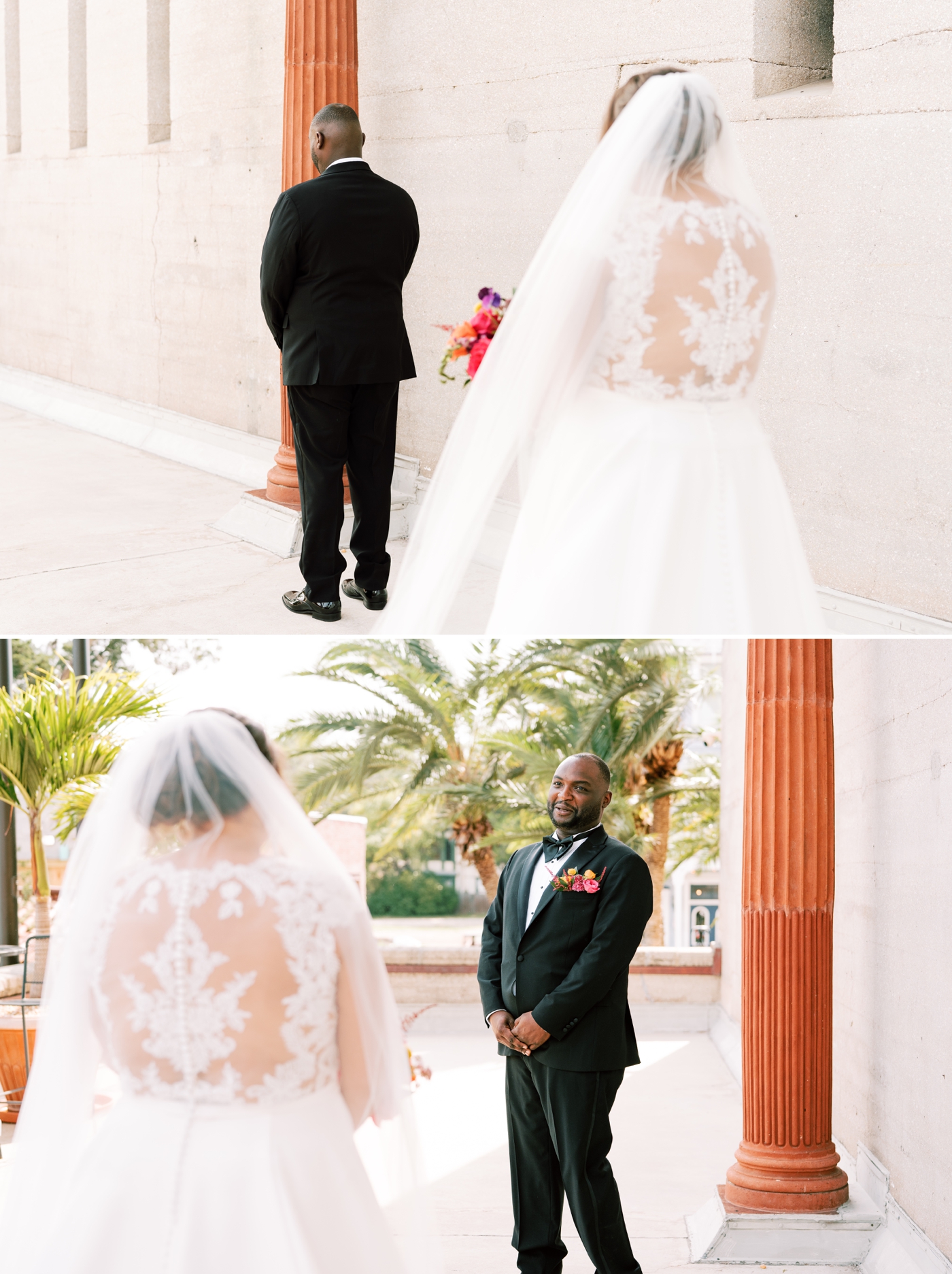 bride approaching groom from behind for first look