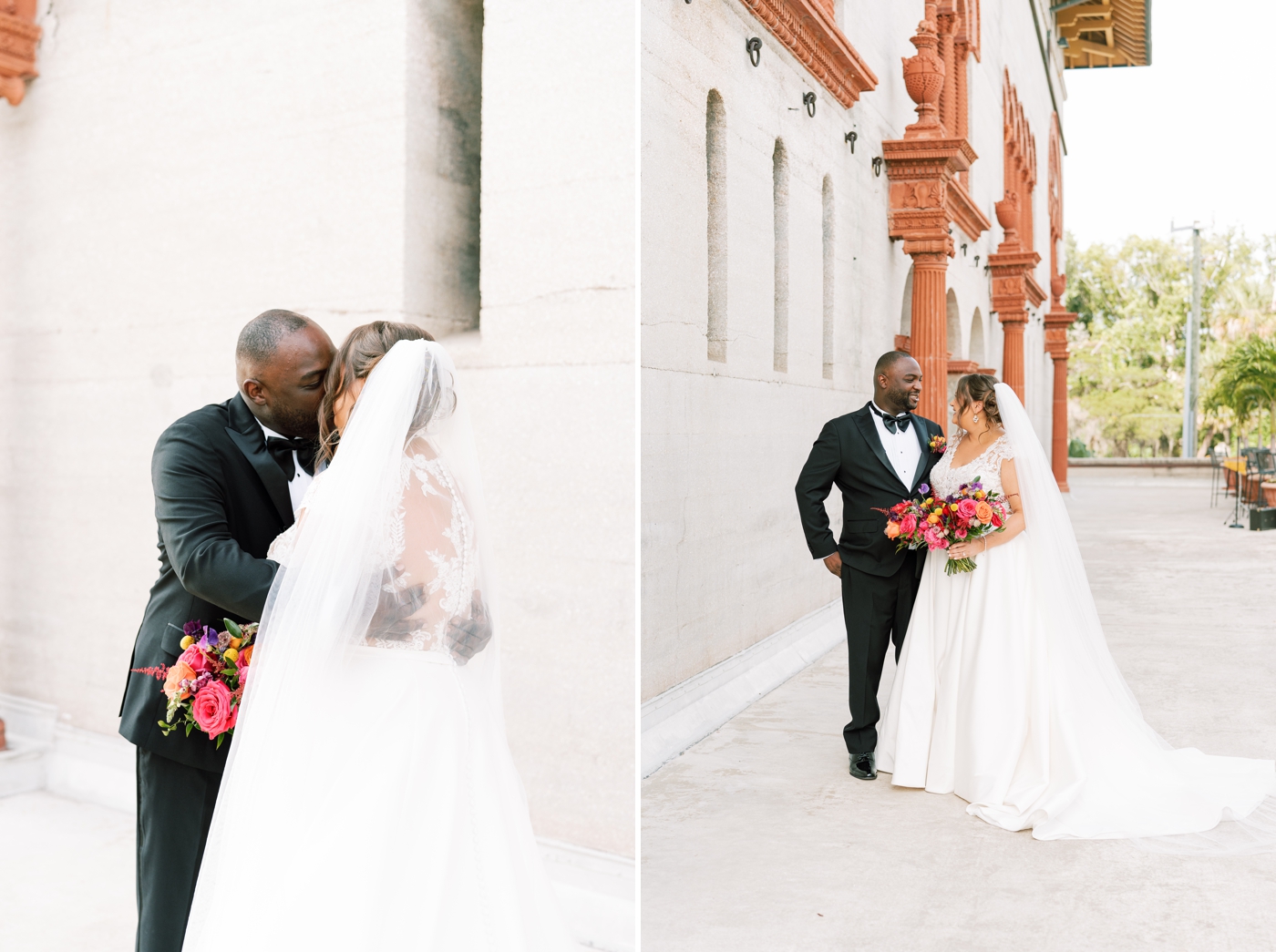 bride and groom standing outside of The Lightner Museum