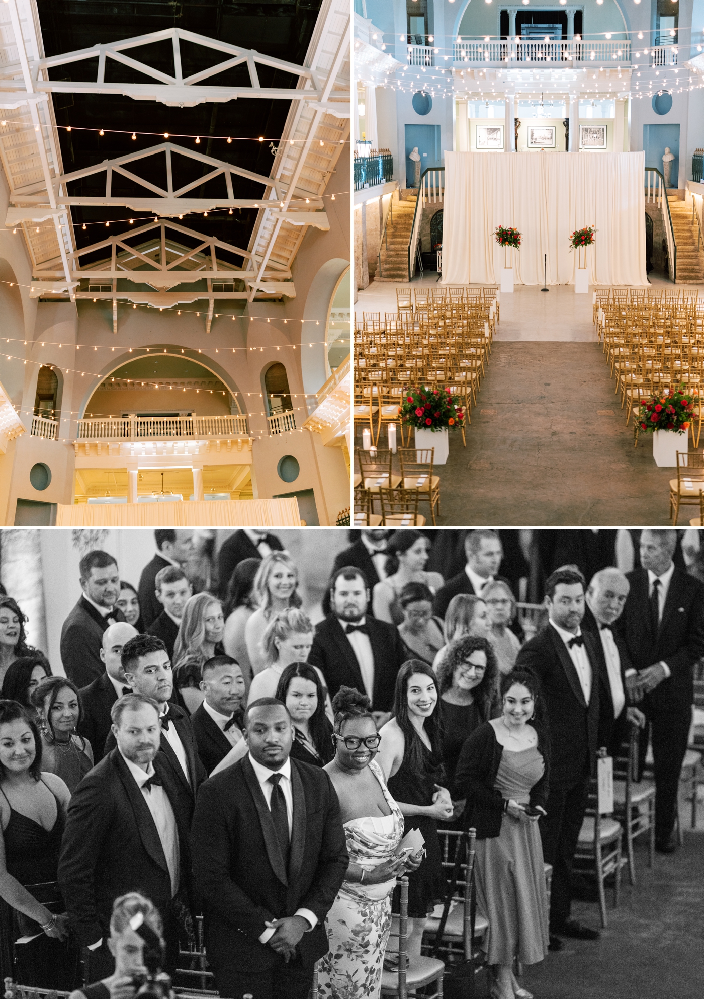 The Lightner Museum ballroom decorated for wedding ceremony with pipe and drape backdro pand gold chiavari chairs