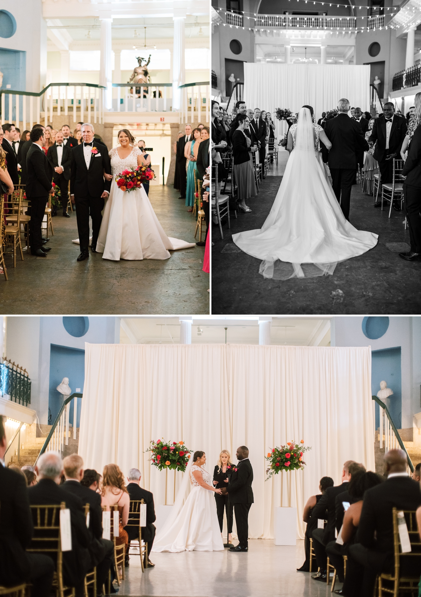 Bride and groom holding hands at wedding altar in front of cream curtain backdrop 