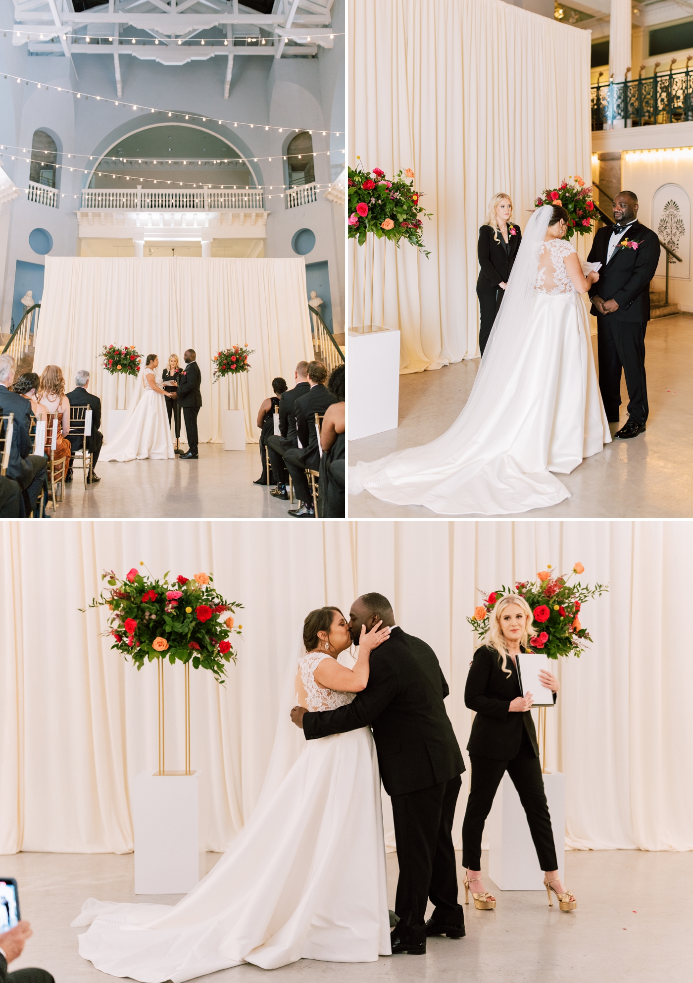 bride and groom first kiss during wedding ceremony with female officiant