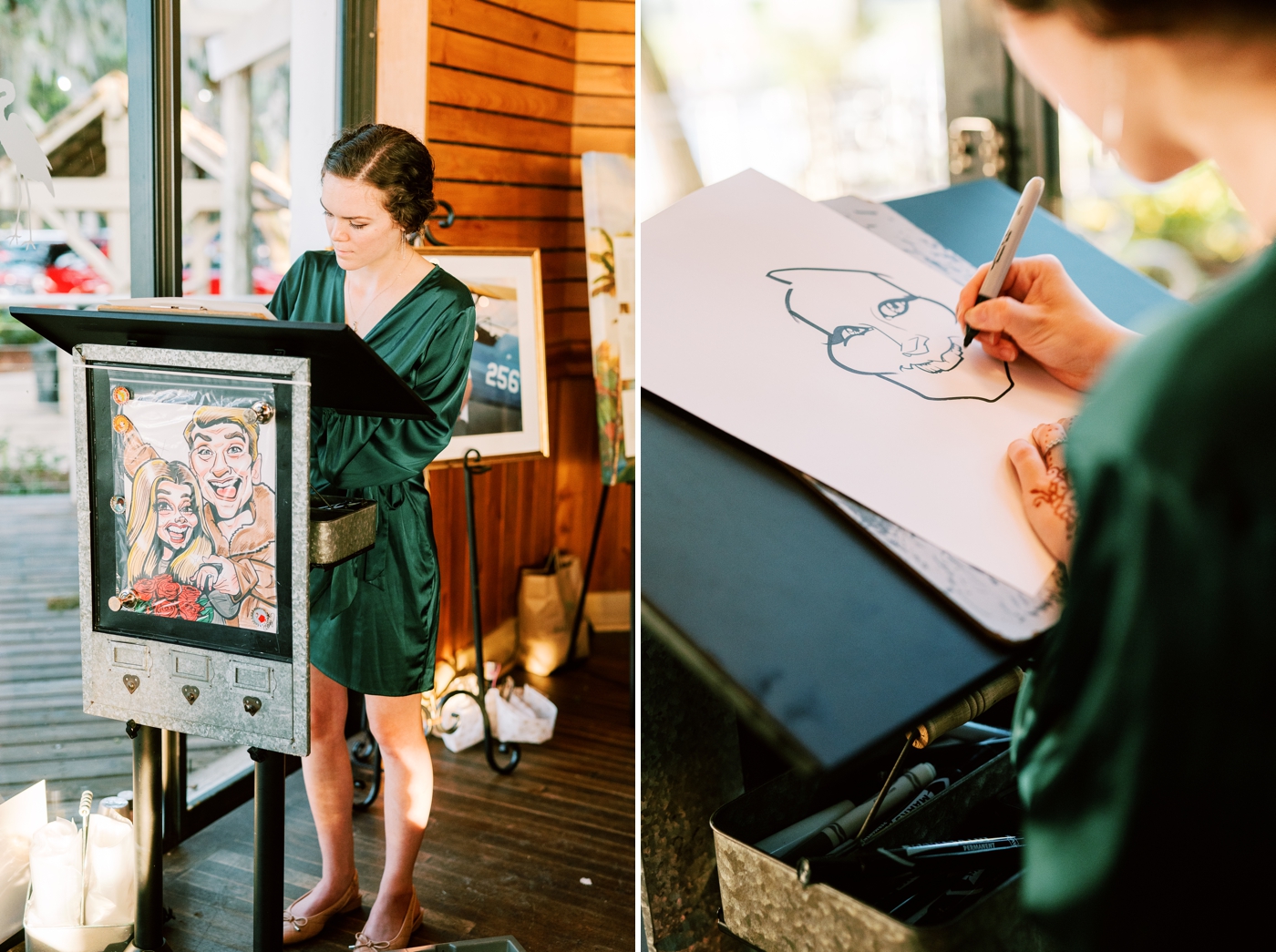 woman in a green dress drawing caricatures of wedding guests to create a great wedding guest experience