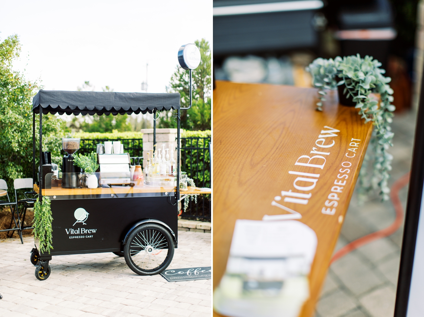 black coffee cart with awning with branding "vital brew espresso cart"