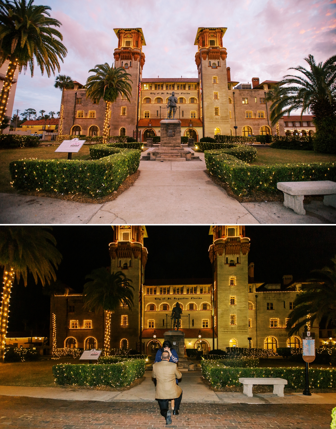 Evening proposal in front of The Lightner Museum in St. Augustine, with the museum in the background