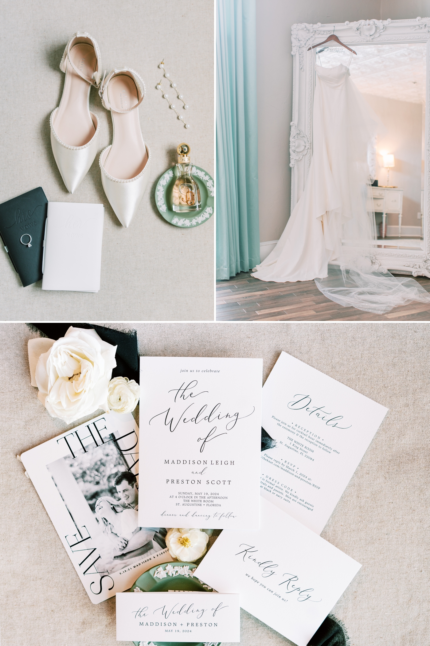 Wedding gown and veil hanging from large white ornate mirror 