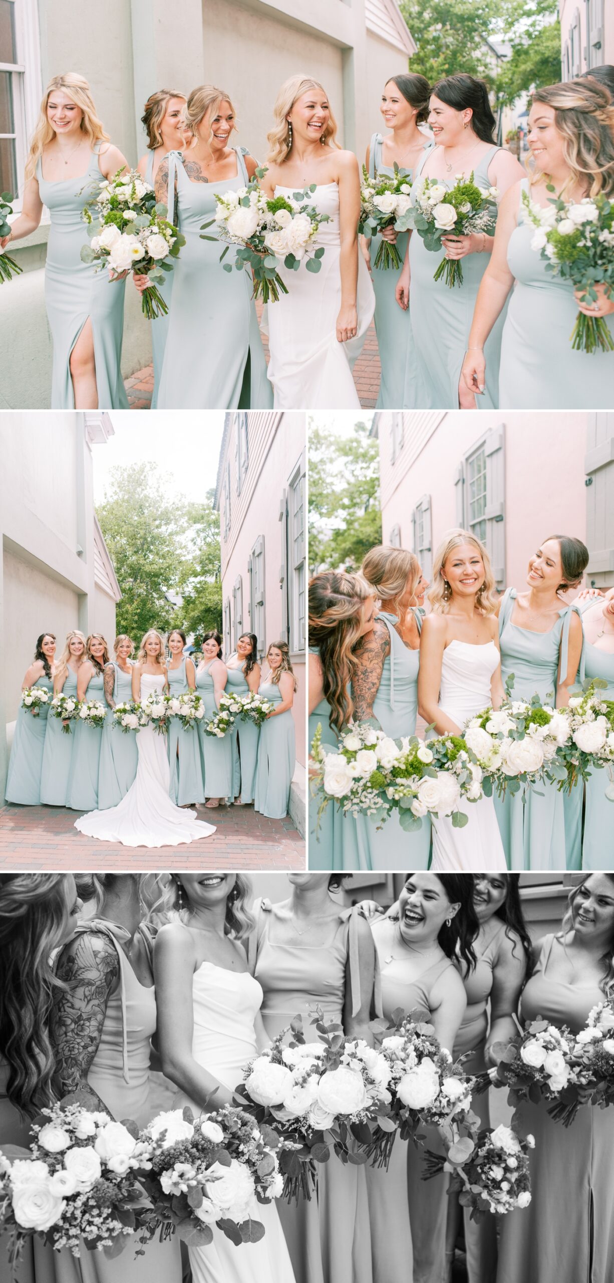 bride with eight bridesmaids wearing sage dresses and holding white bouquets