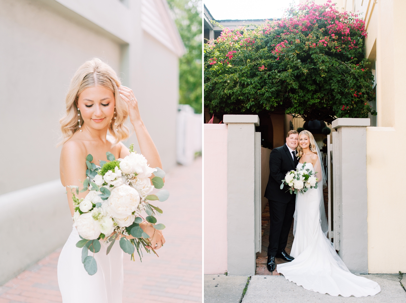 Bride and groom portraits along a garden wall in St. Augustine, Florida