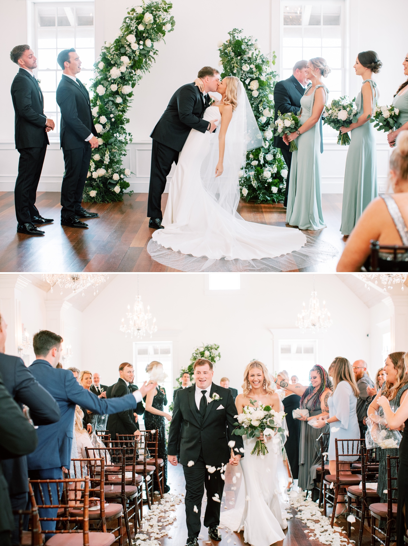 Wedding ceremony with white and green floral arch at The White Room 