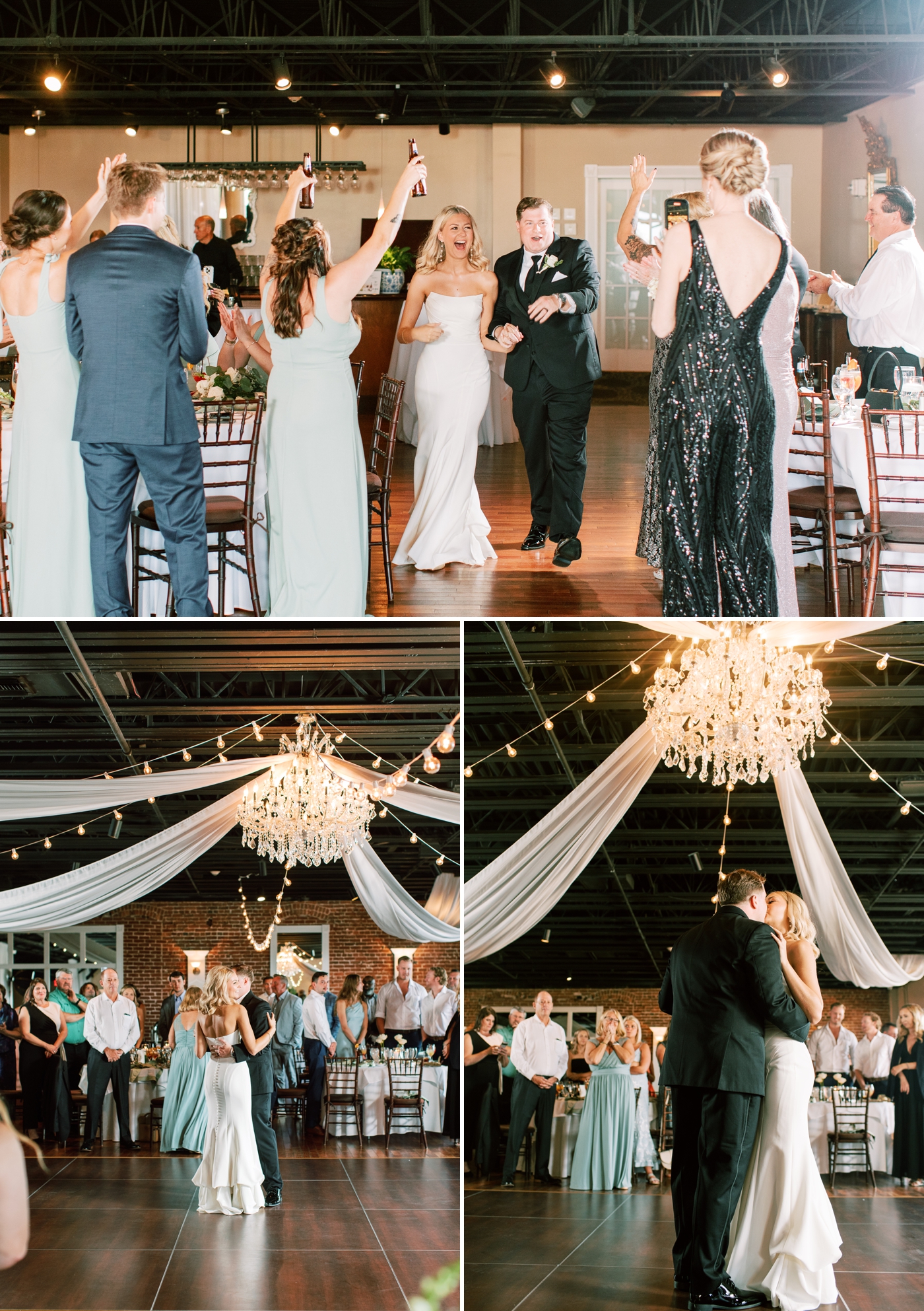 Bride and Groom first dance under chandelier and white drapes at The White Room