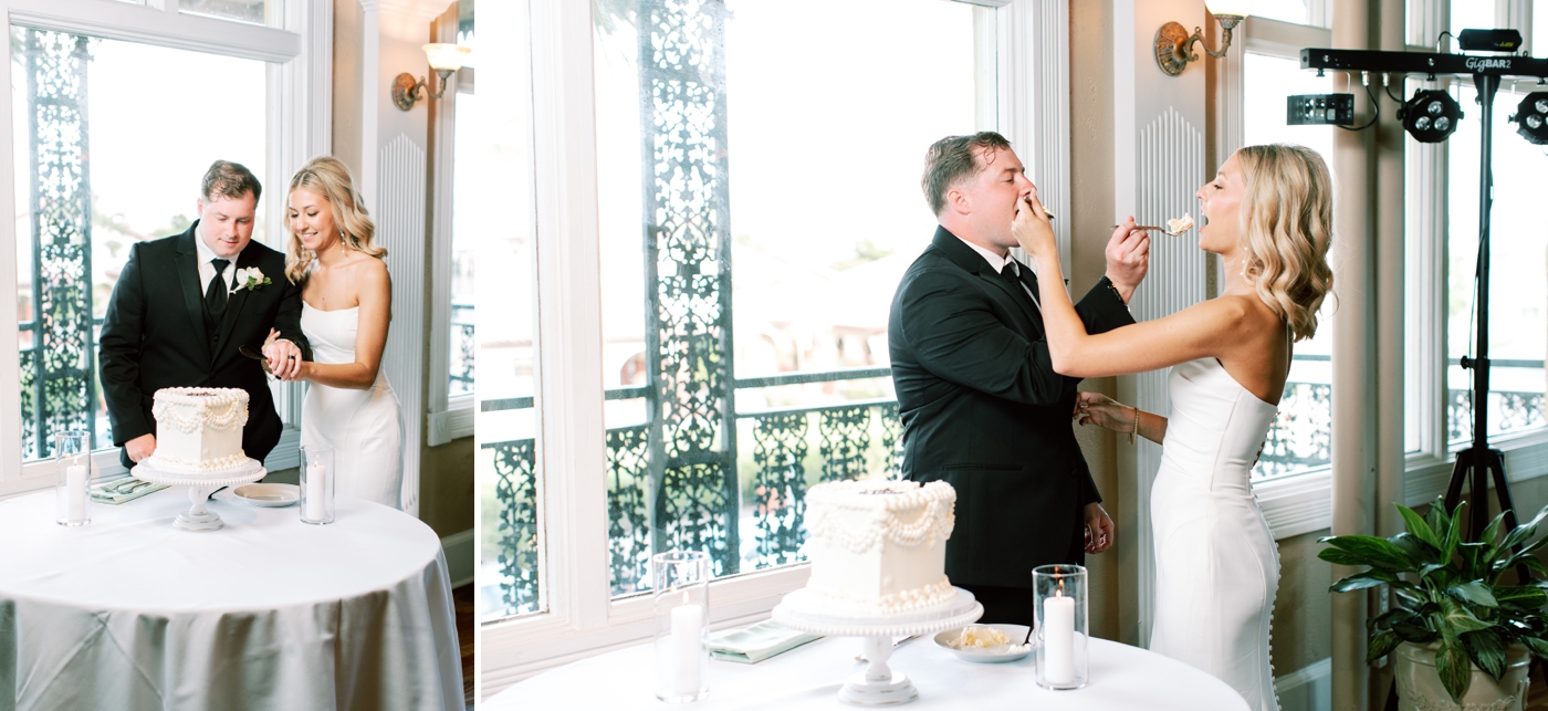 Bride and groom cake cutting at The White Room 