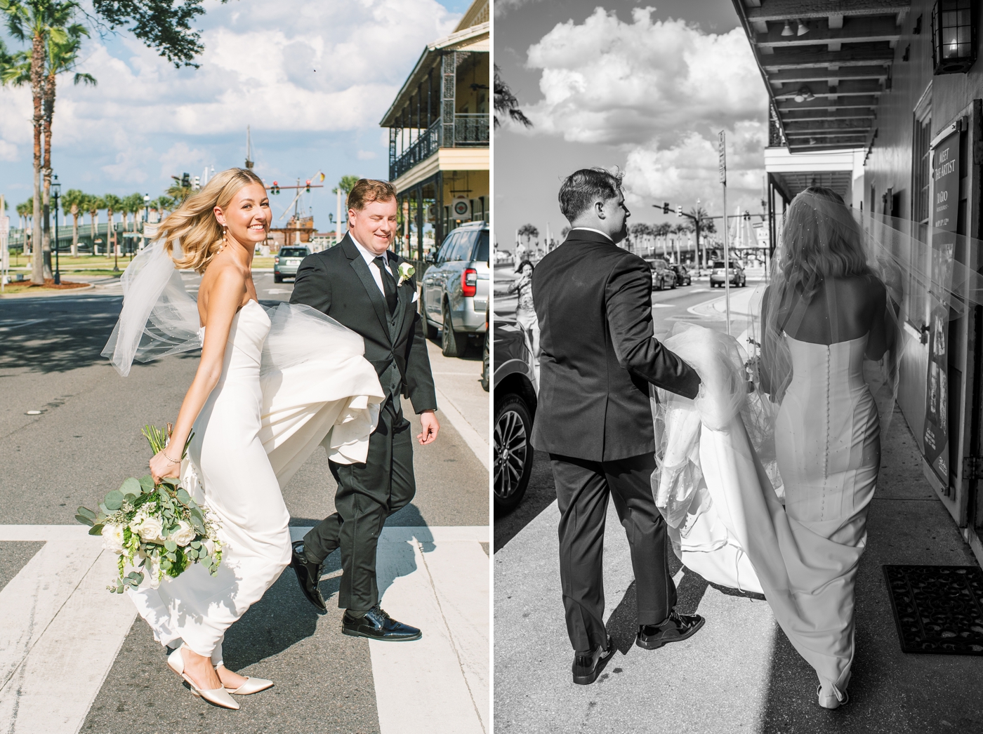 Bride and groom walking around downtown St. Augustine for their wedding day pictures