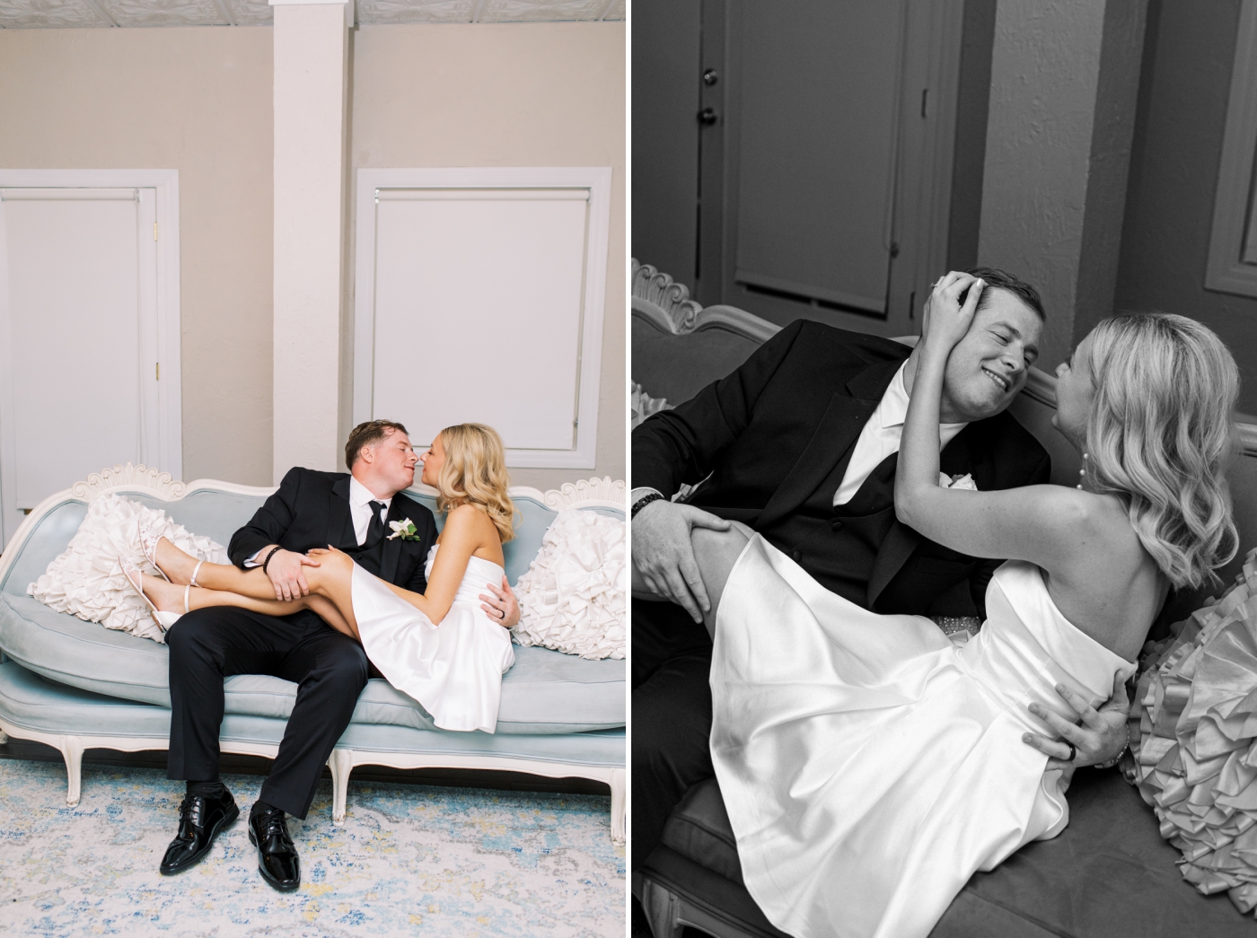 bride and groom portraits on loveseat