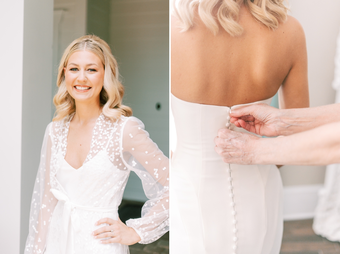 Bride getting ready for her wedding at The White Room, wearing a pearl covered robe