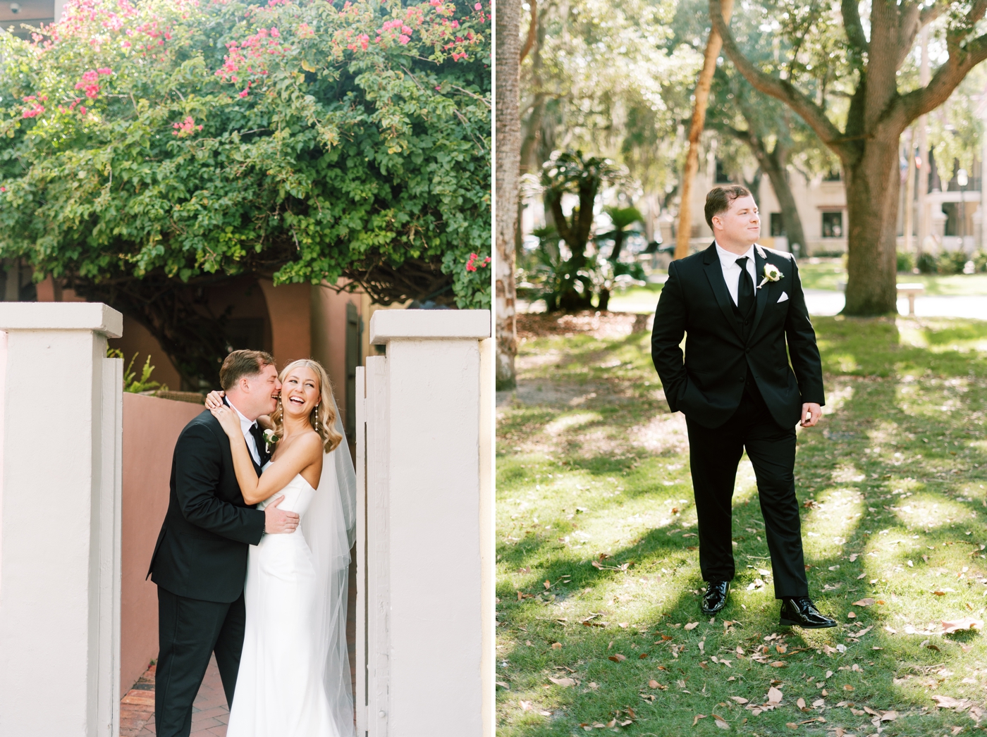 Bride and groom portraits along a garden wall in St. Augustine, Florida