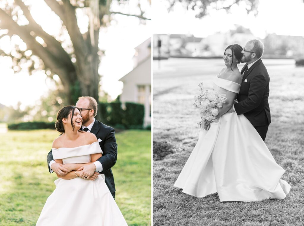 groom hugging bride from behind and kissing her cheek while she laughs