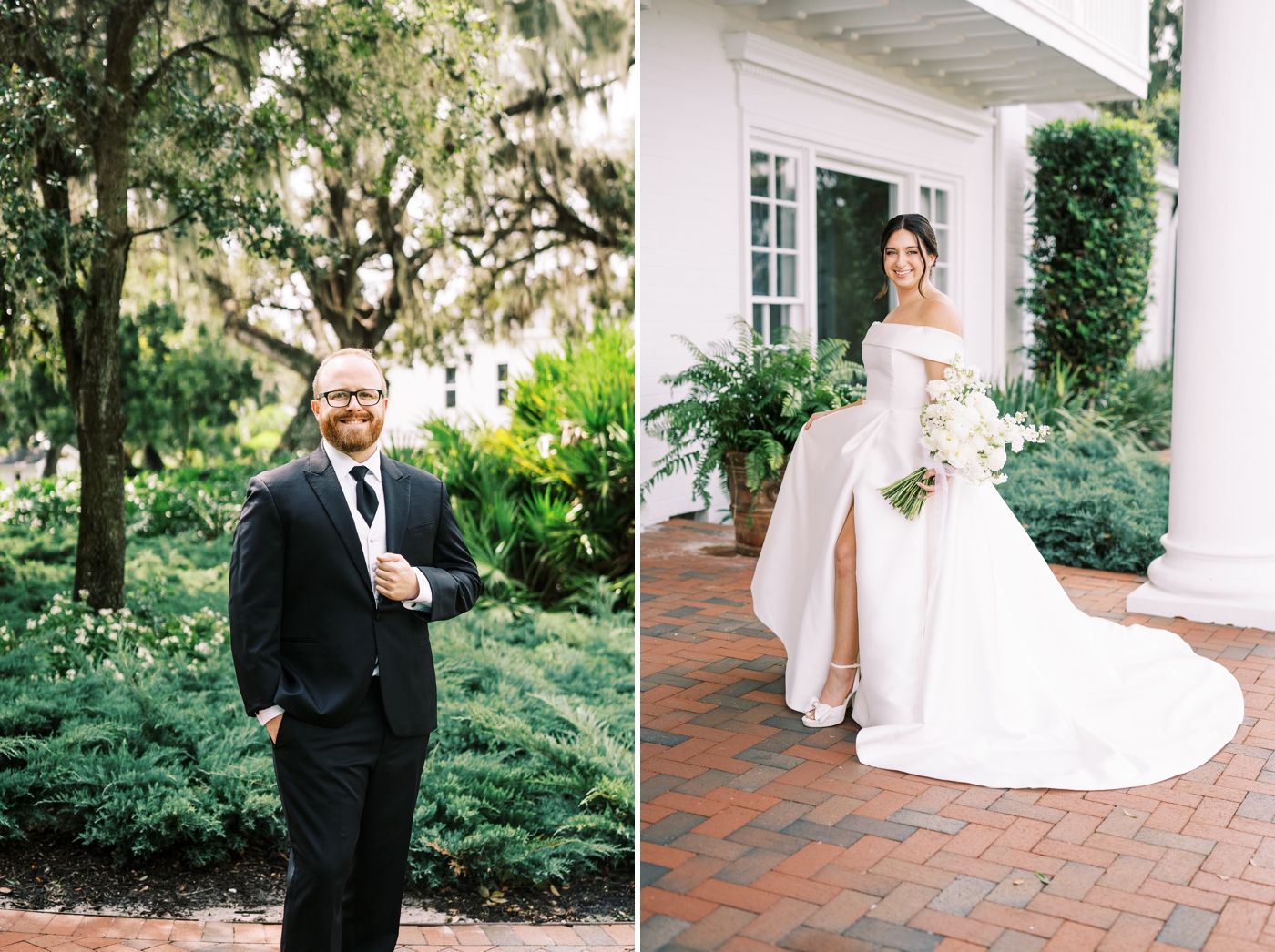 Bride with off the shoulder satin wedding dress holding an all white floral bouquet 