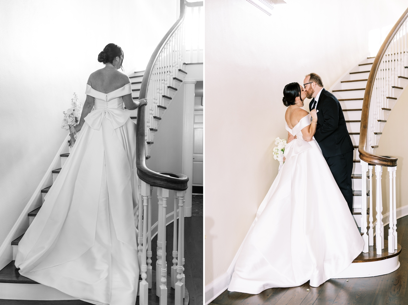 Bride and groom kissing on curved staircase 