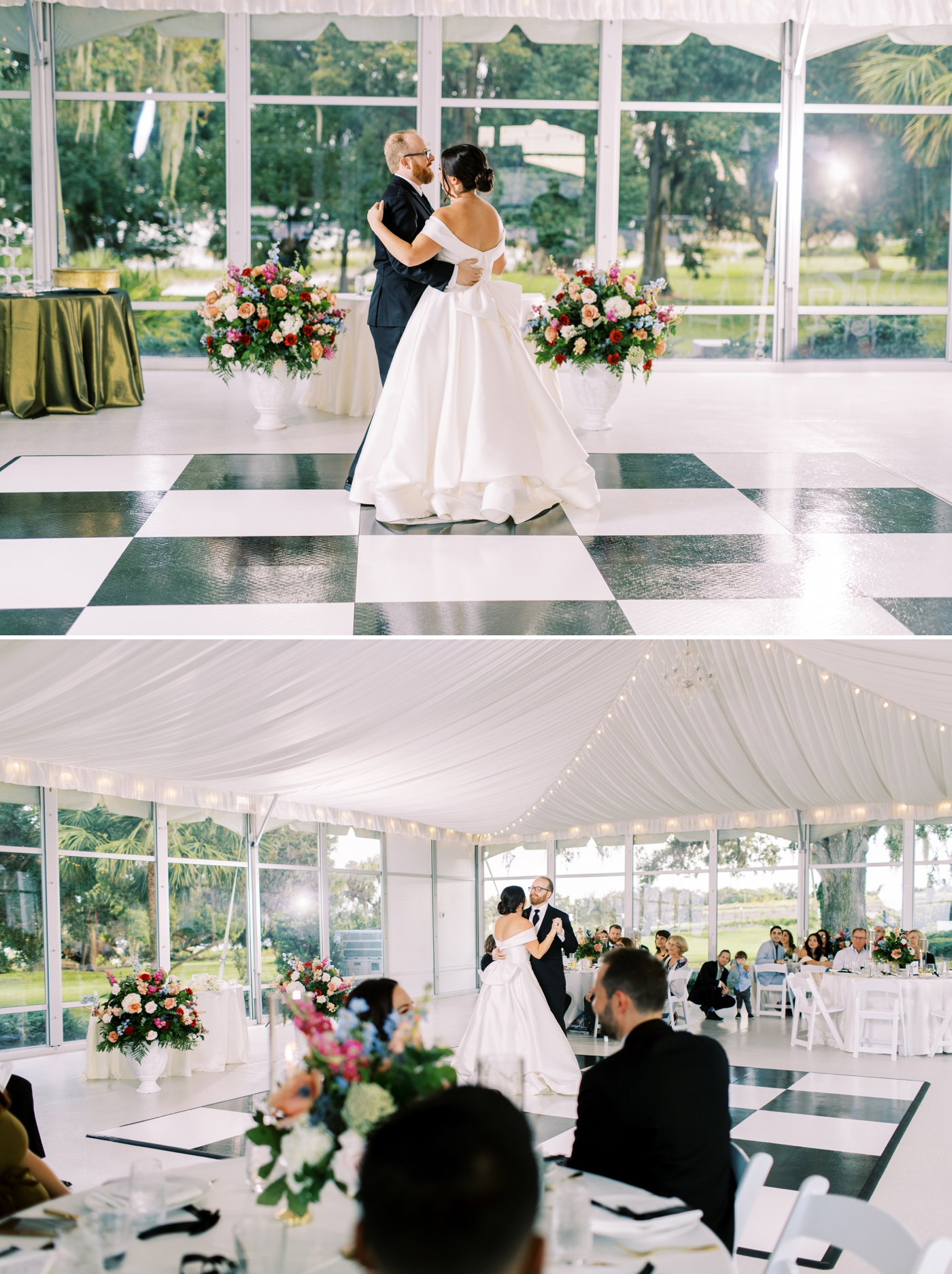 Bride and groom first dance on a checkered black and white dance floor 