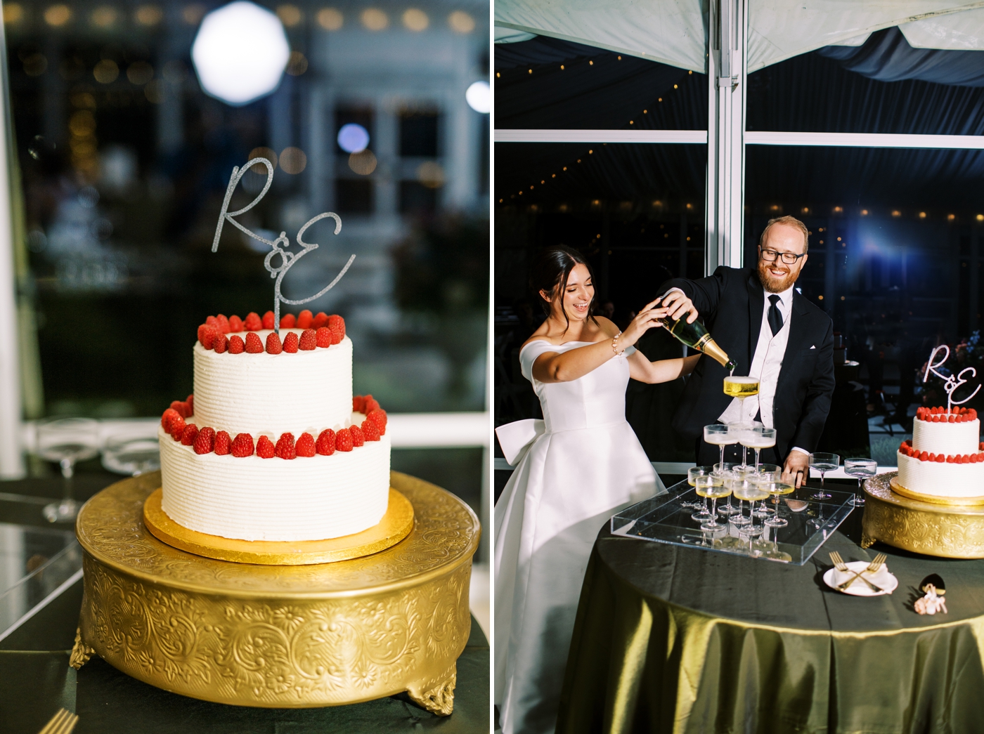 Bride and groom pouring a champagne tower next to their wedding cake 