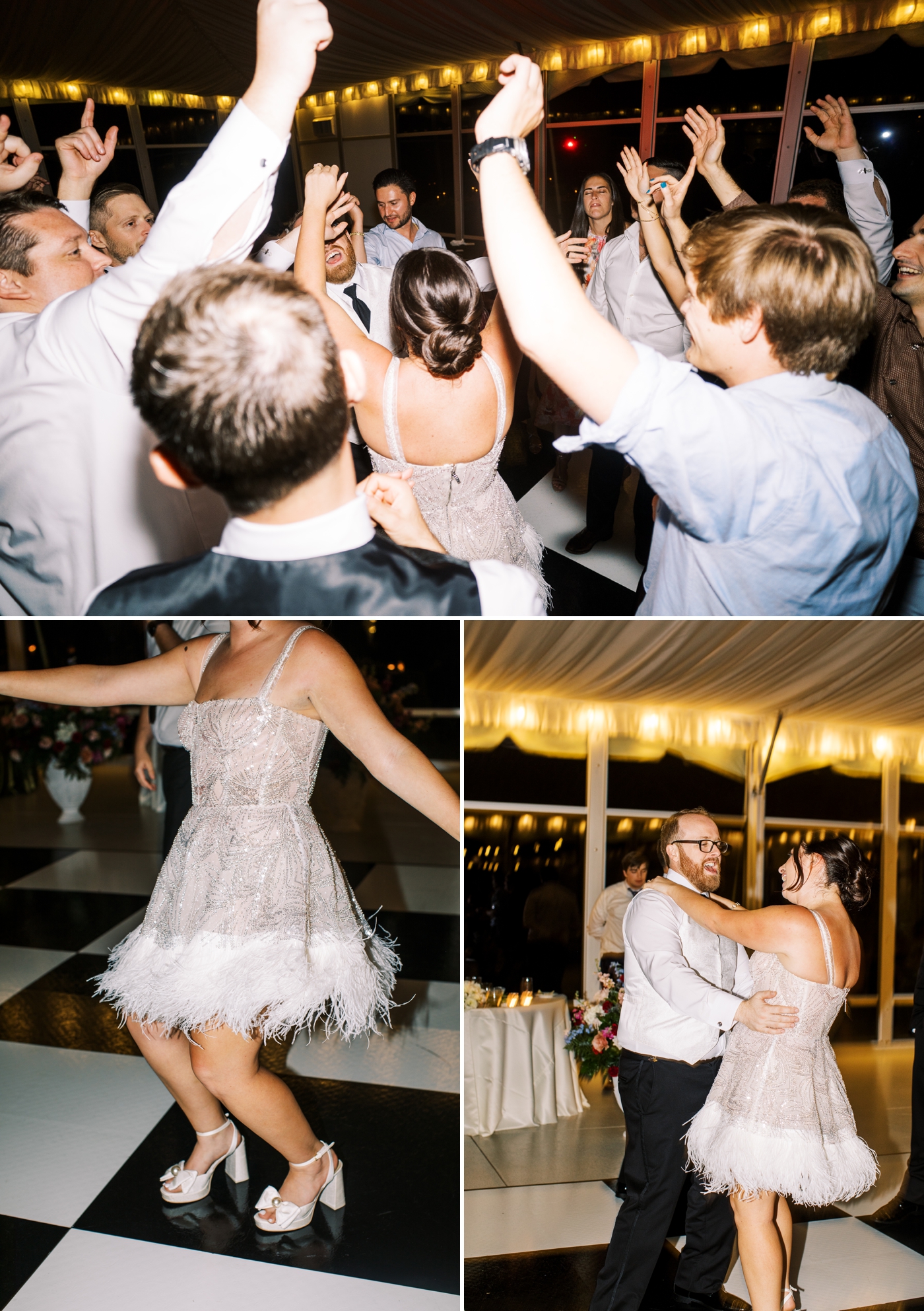 Bride reception mini dress with sequins and feathers 