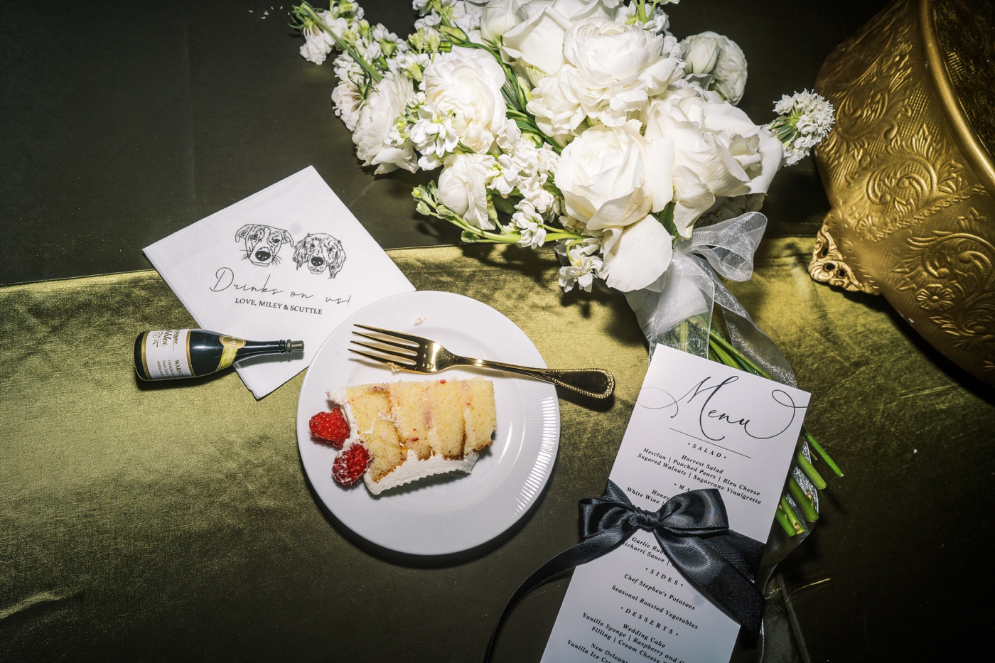 late night wedding details with mini champagne bottle and custom dog cocktail napkin