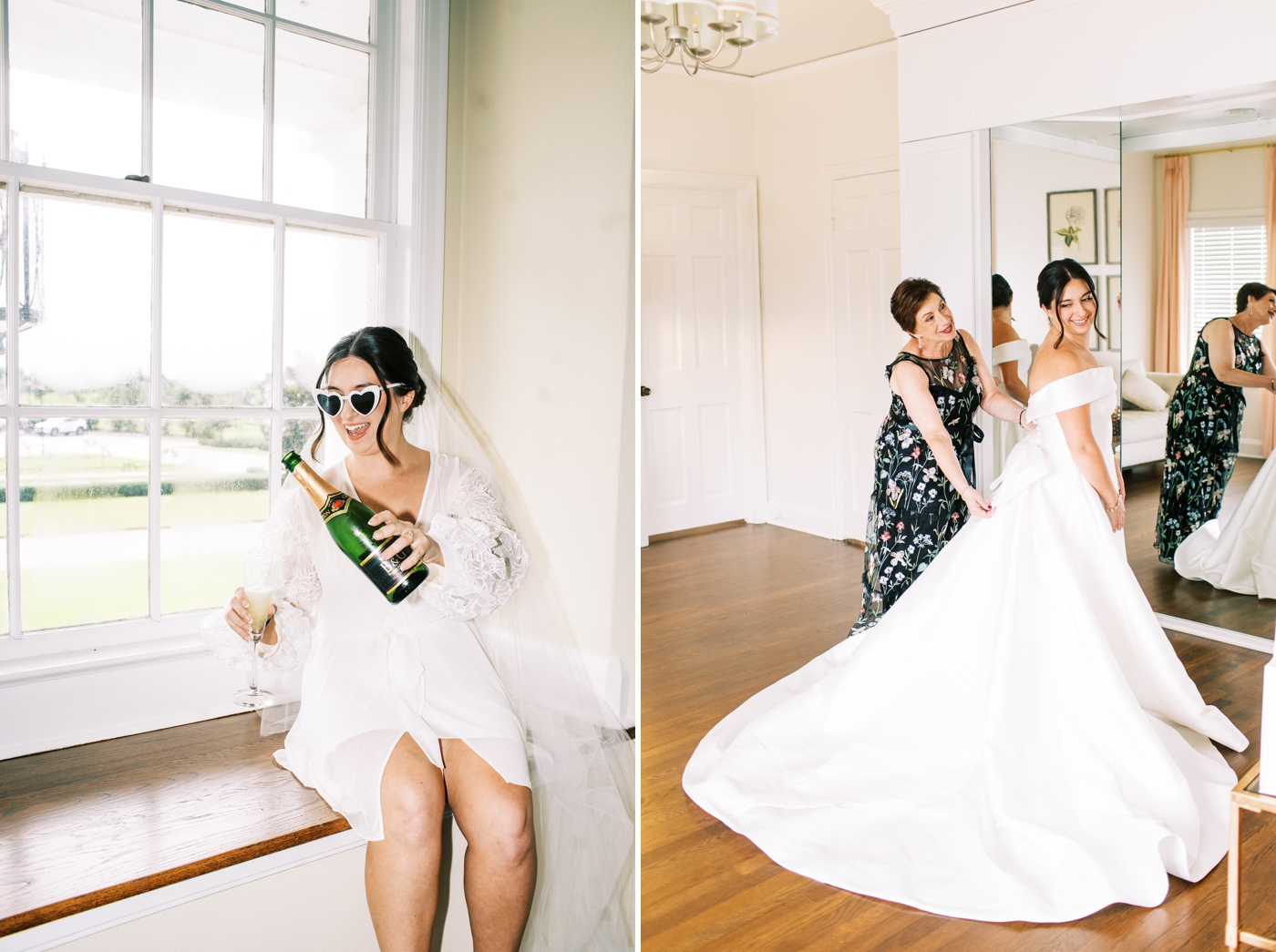 Bride in pajamas and veil pouring a glass of champagne 