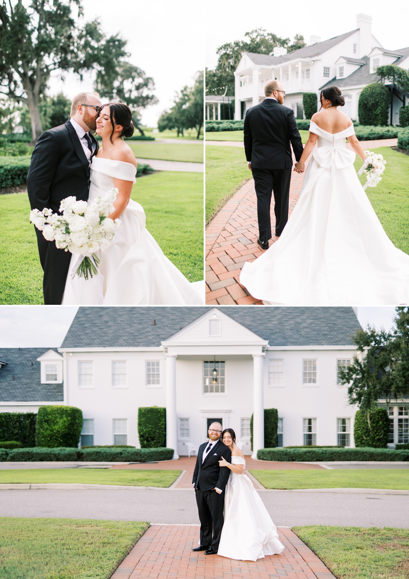 Bride and groom holding hands and walking towards Adams Estate house 