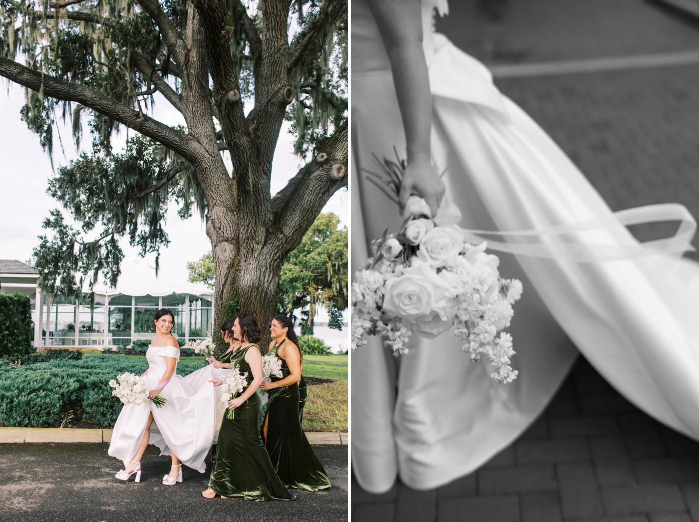 Bridesmaids wearing green velvet dresses holding up bride's train while walking 