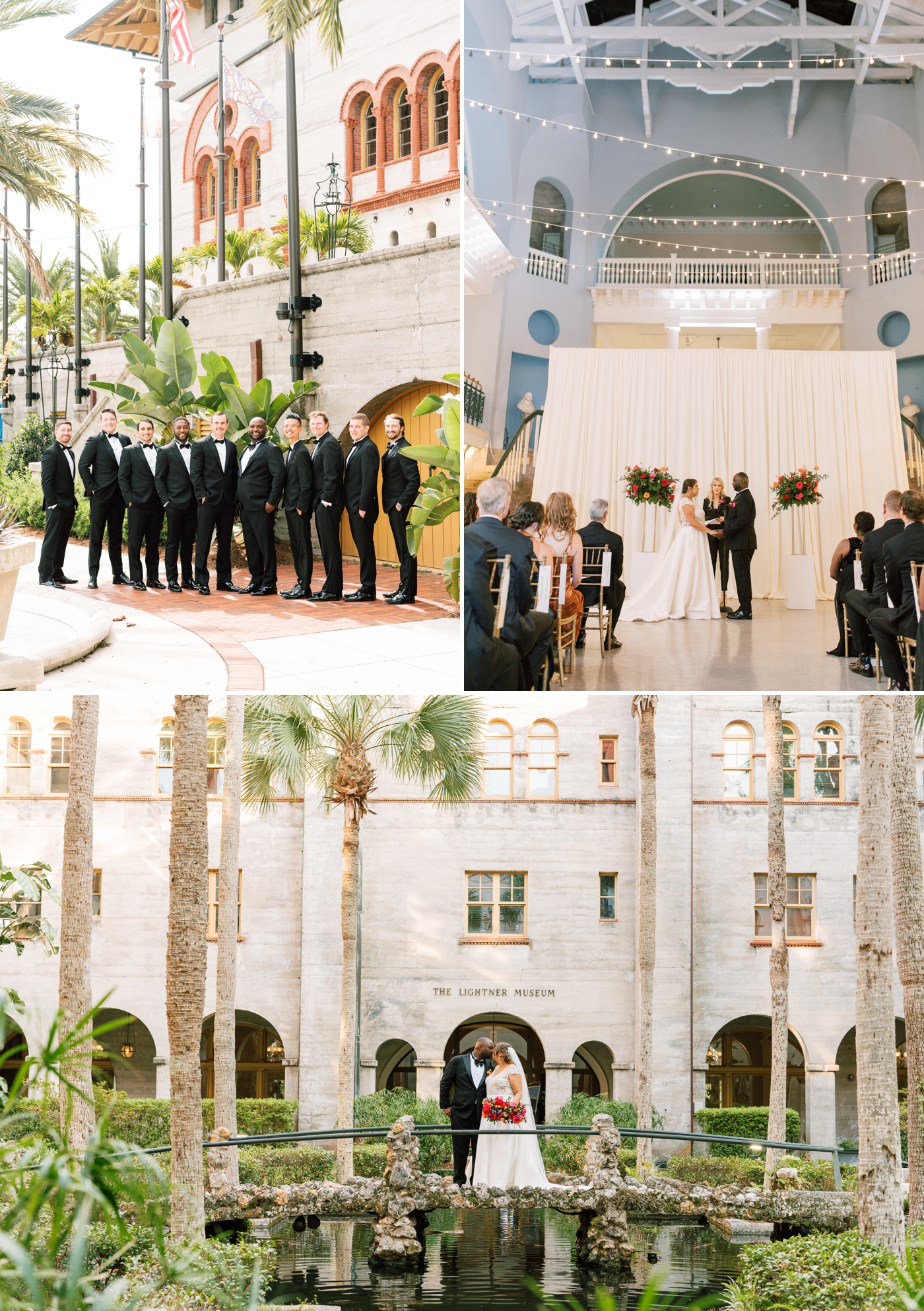 Bride and groom kissing on footbridge in the courtyard at the Lightner Museum 