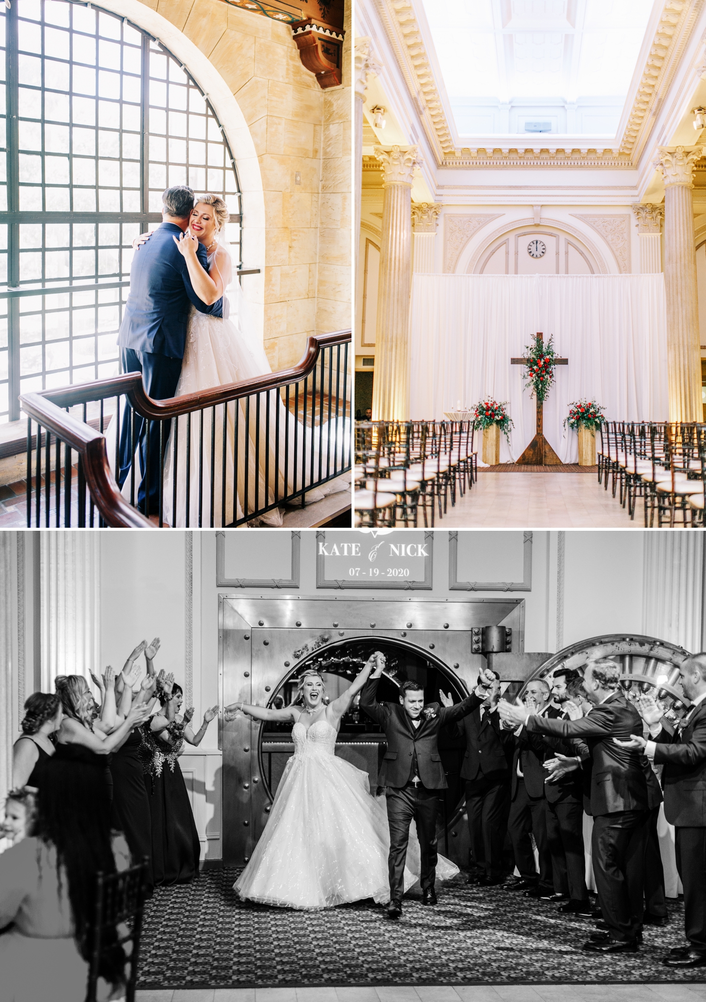 Bride and groom entering wedding reception through a former bank vault 