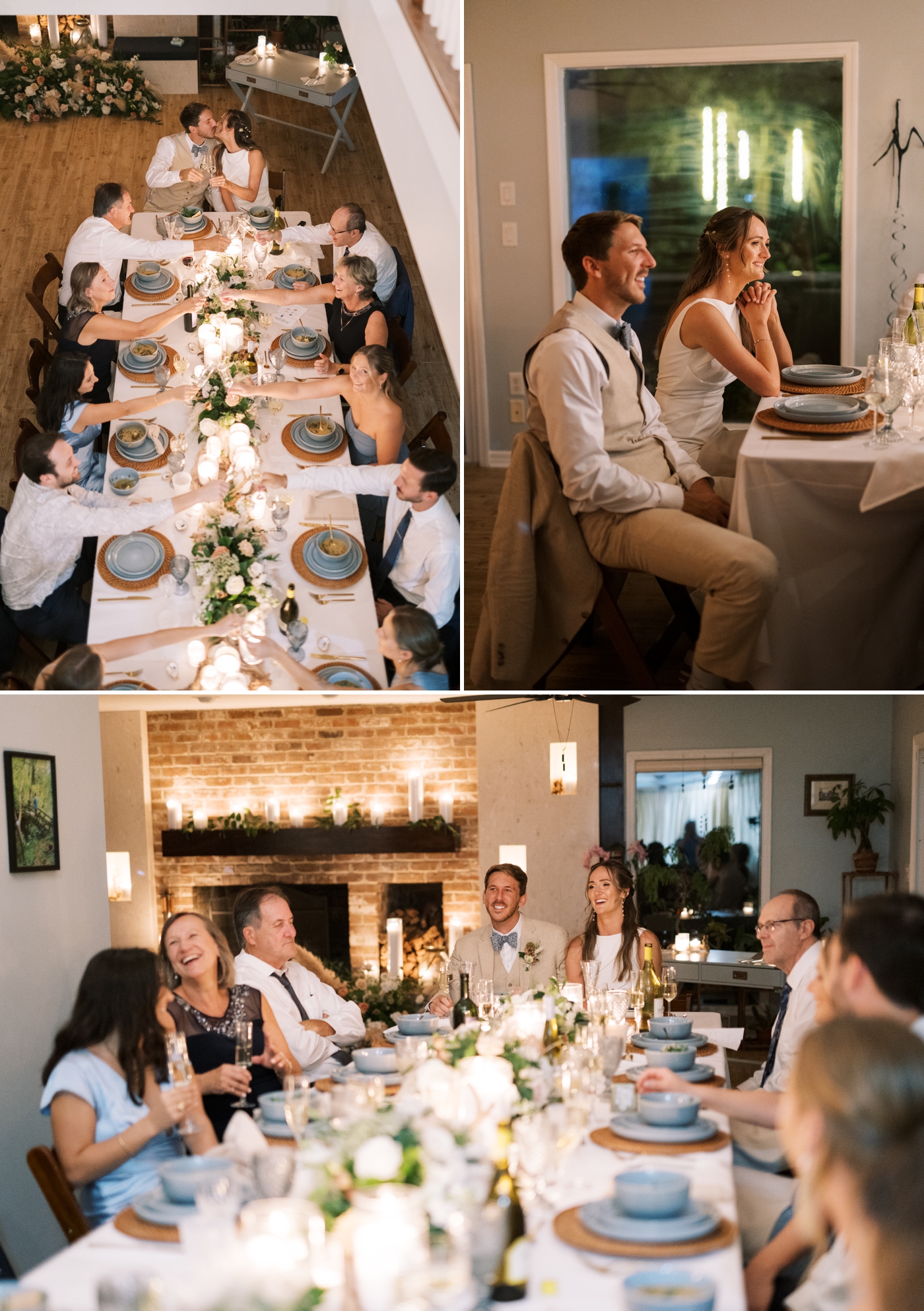 Intimate wedding dinner with woven chargers and blue dishes, with white florals and candles lining the center of the table