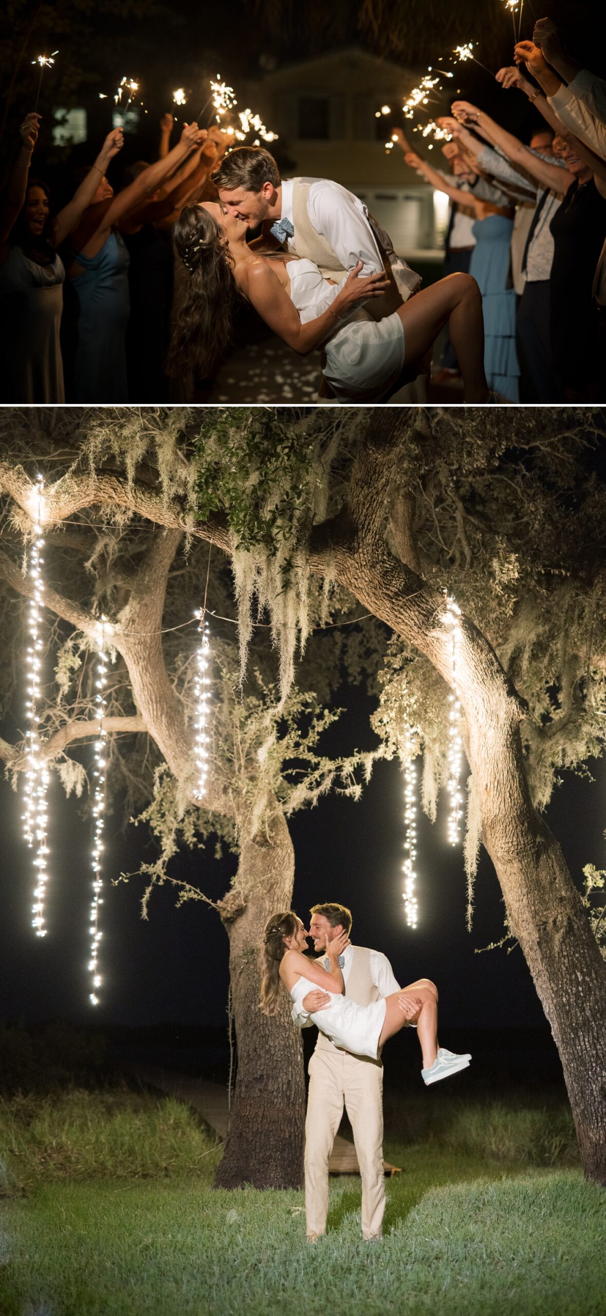 Bride dipping groom for a kiss surrounded by guests holding sparklers