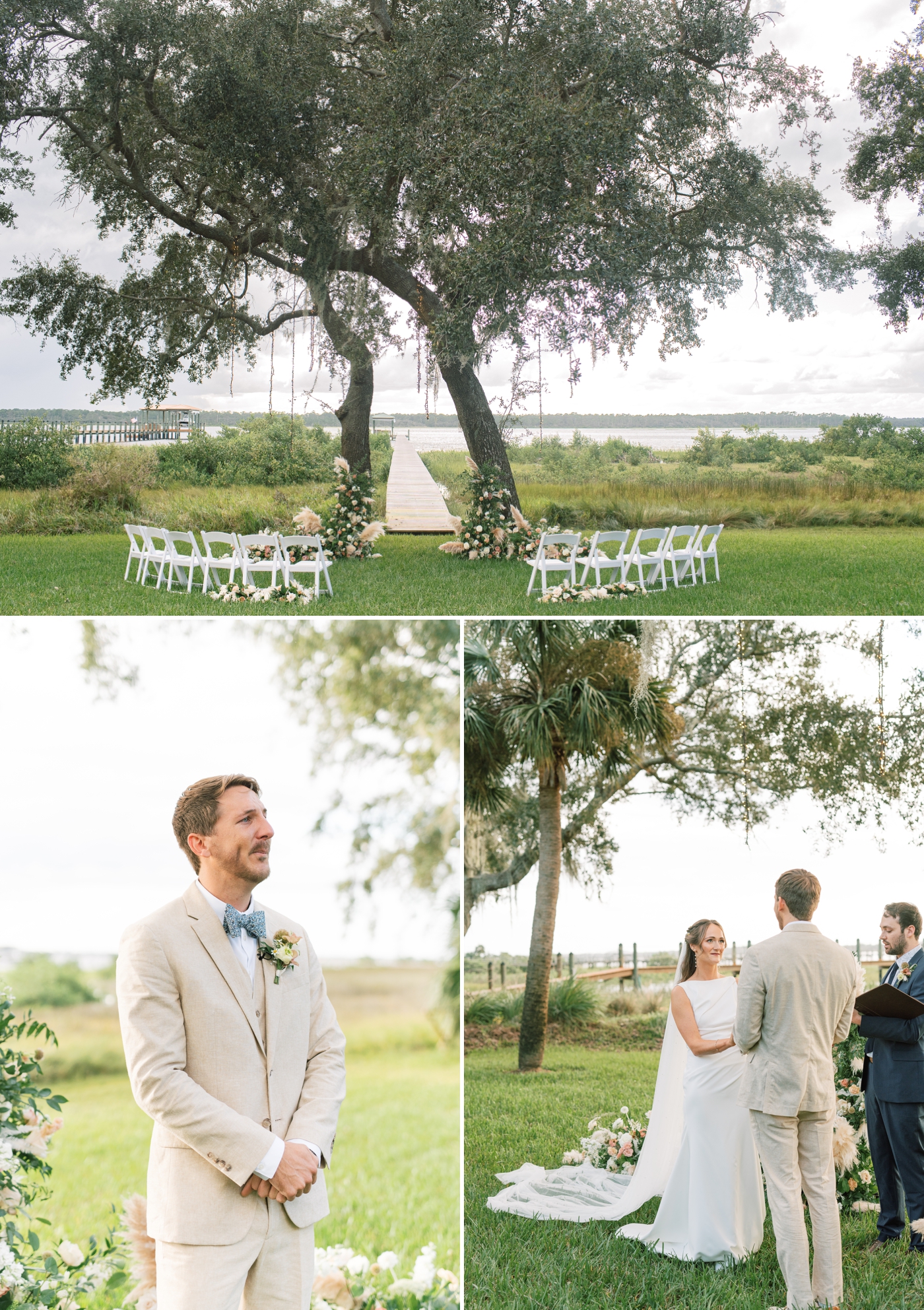 intimate wedding ceremony setup with 10 seats beneath two large trees with dock and water in the background 