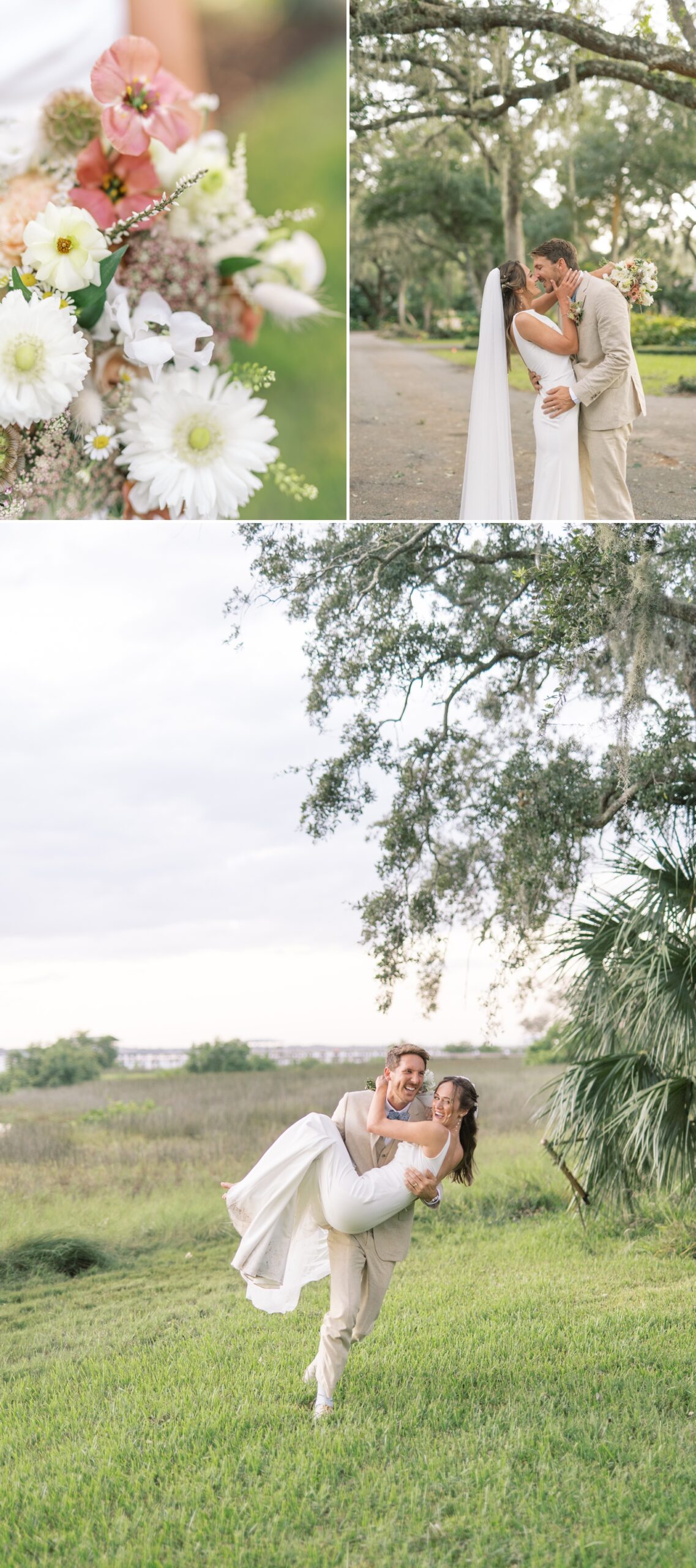 groom carrying bride through a field  