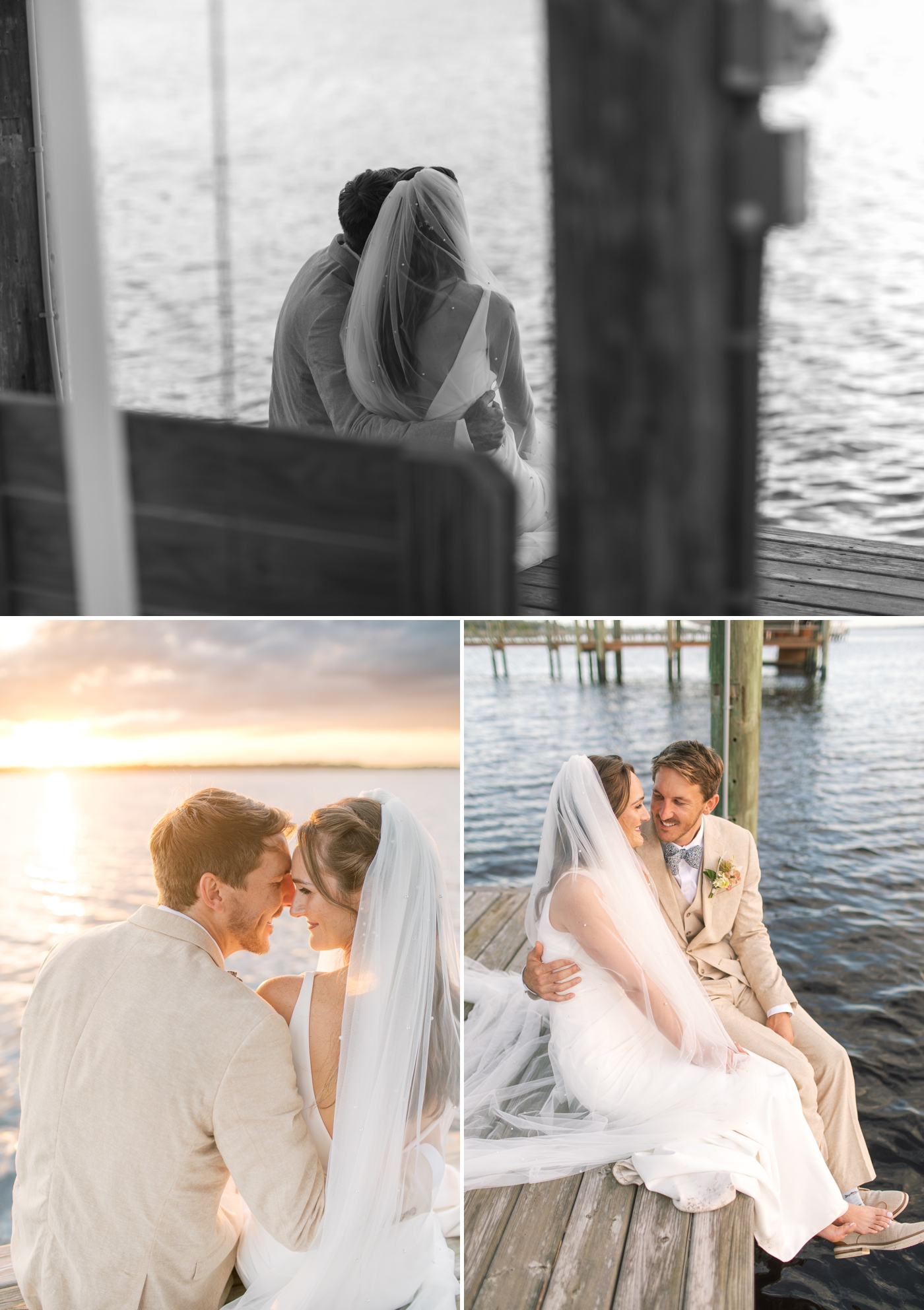 bride and groom sitting on the edge of the dock staring at the water 