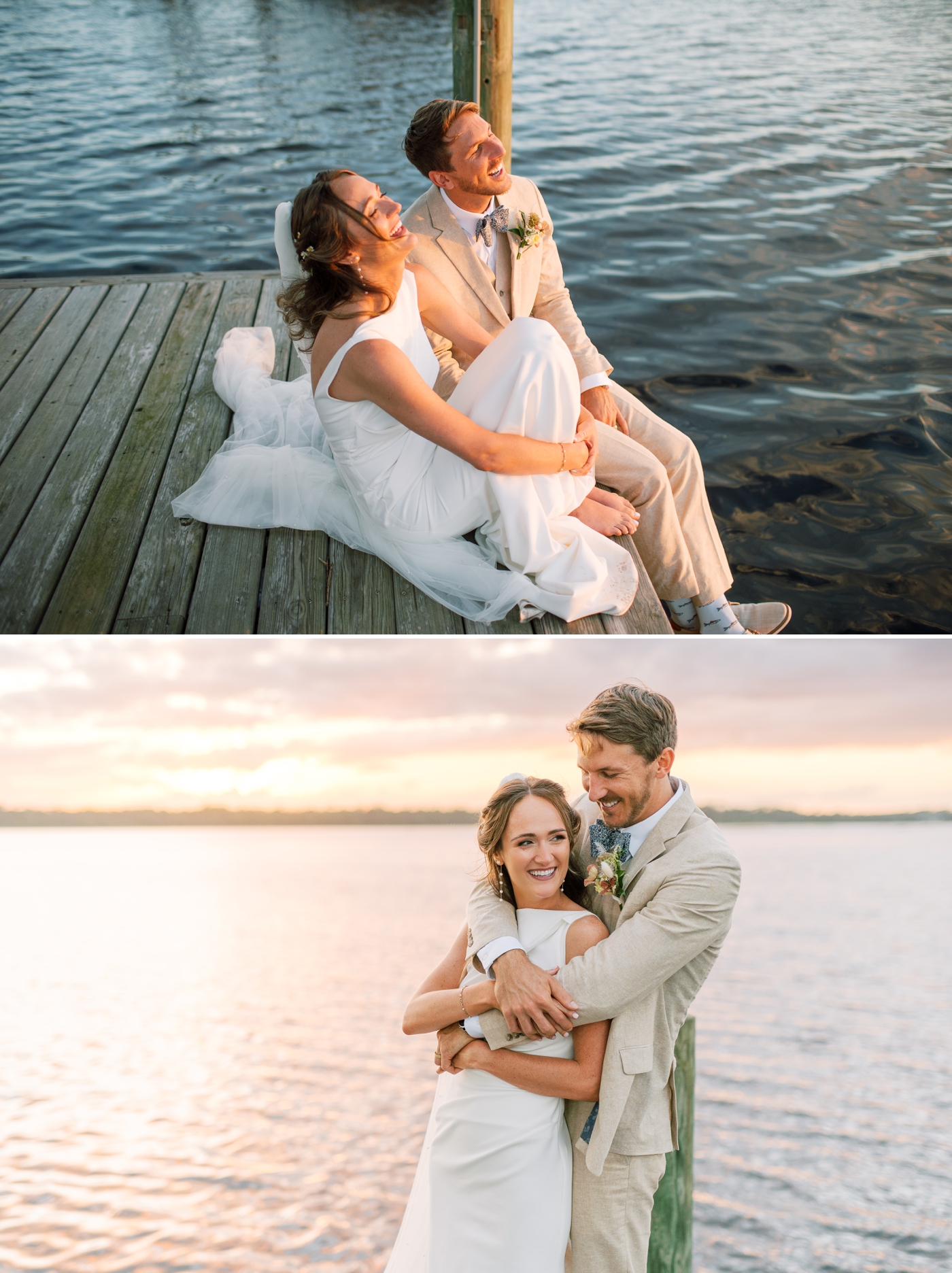 bride and groom sitting on the edge of the dock laughing 