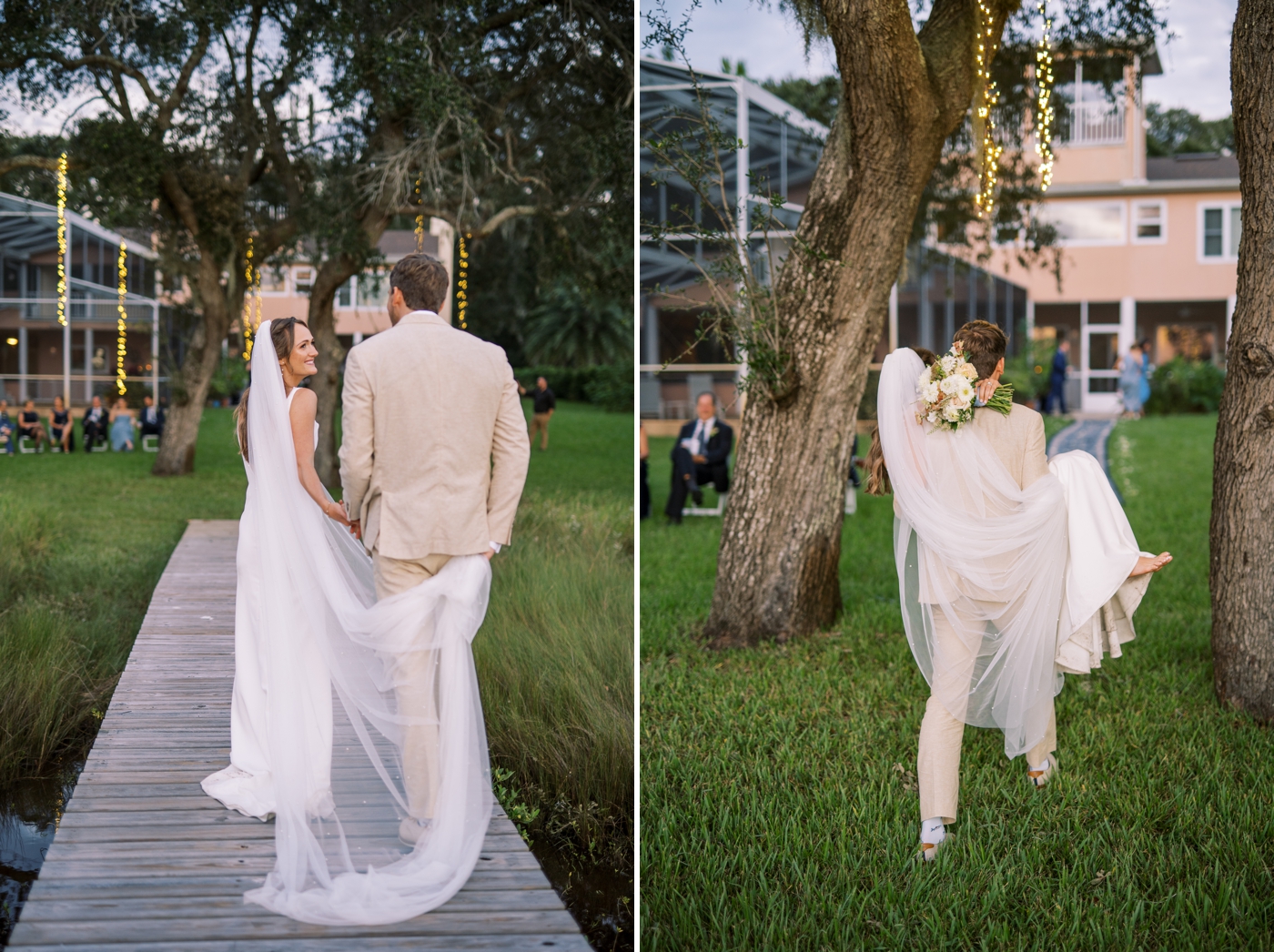 bride and groom walking down dock towards their wedding reception 