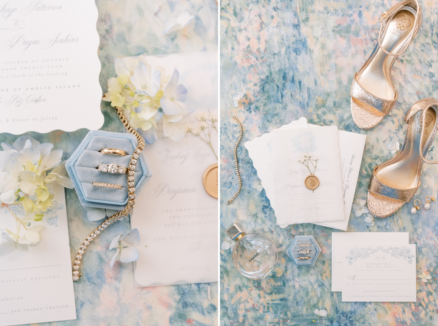 Blue and white wedding stationery suite, gold bridal heels, blue ring box with wedding rings 