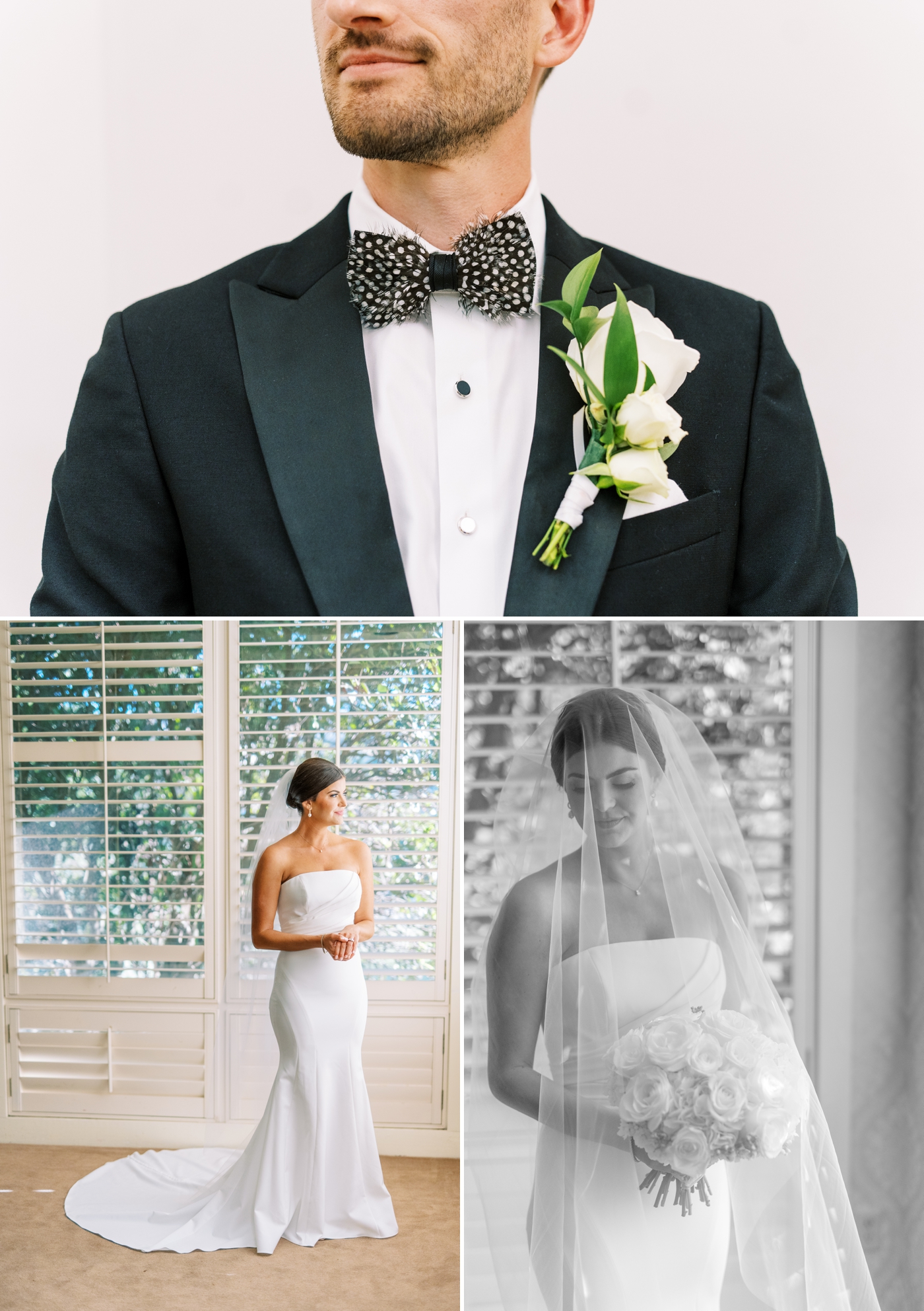 Close up of groom's wedding attire: black tuxedo, white rose boutonniere, and black and white spotted feather bow tie 