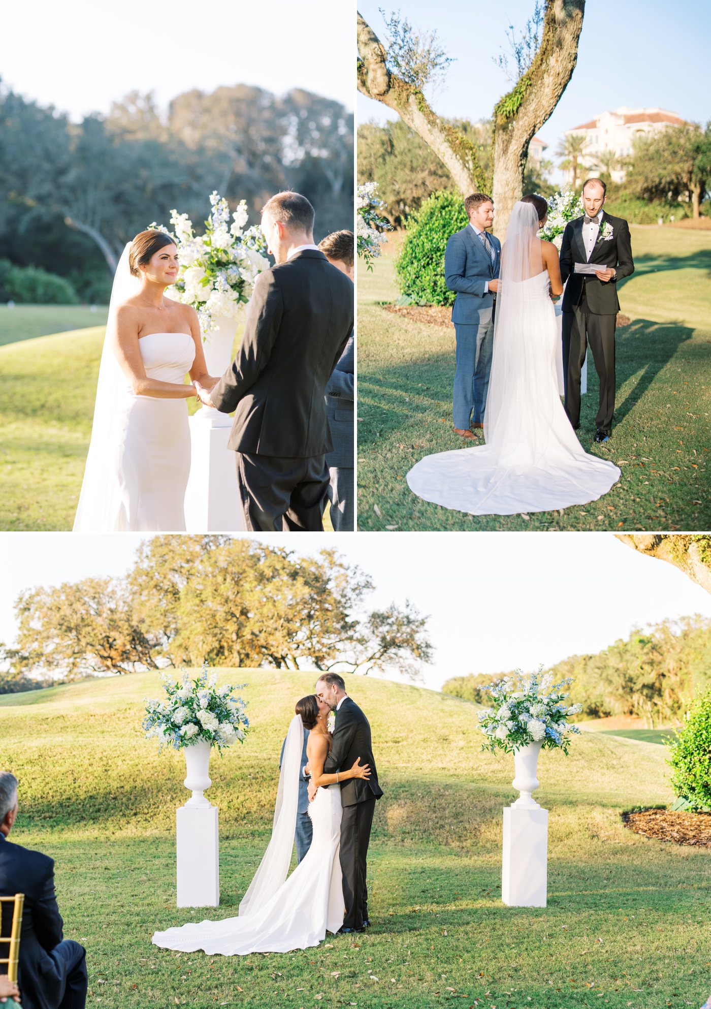 Bride and groom first kiss during ceremony at amelia island golf club 