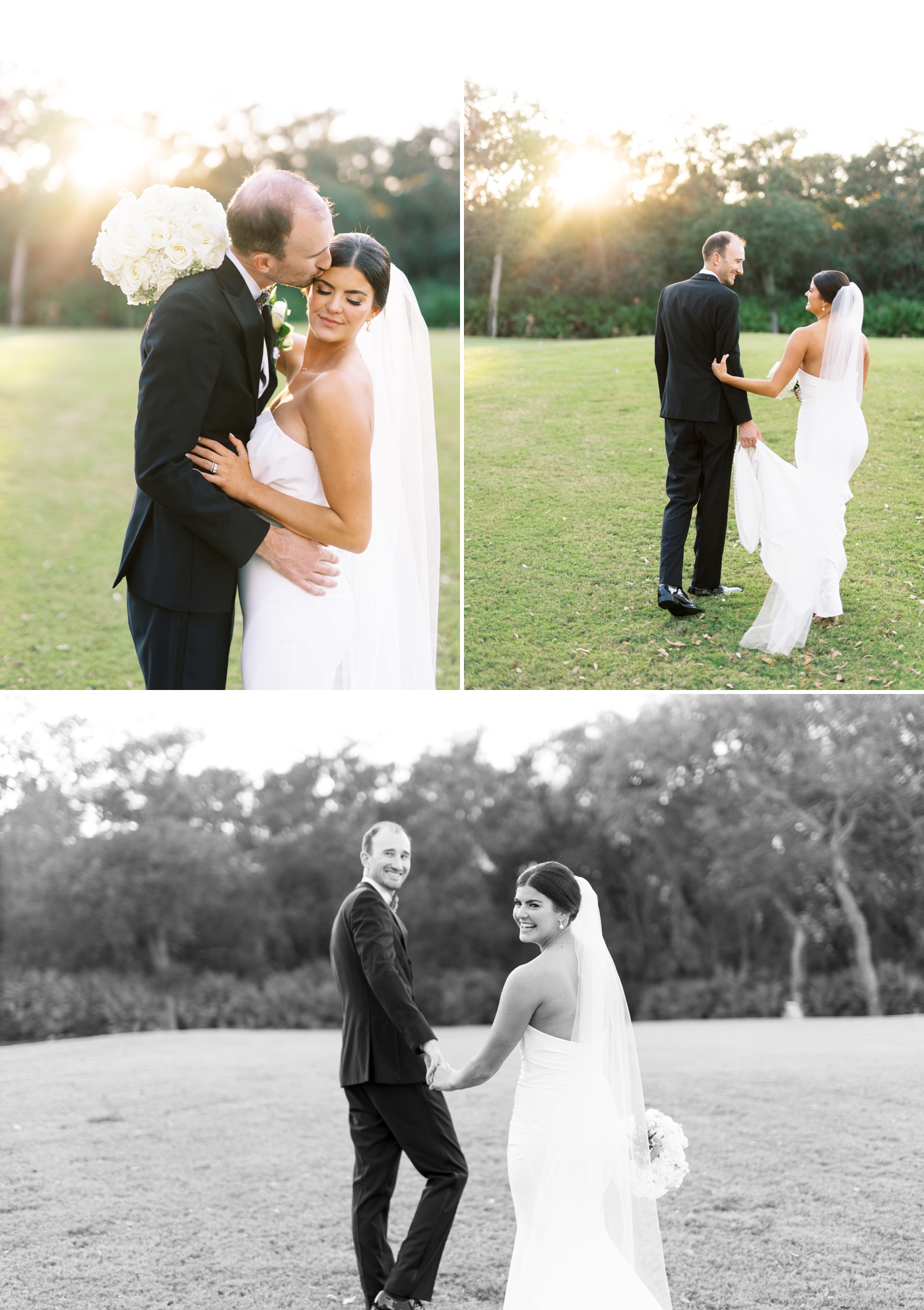 Bride and groom laughing while walking away from camera on amelia island golf club course 