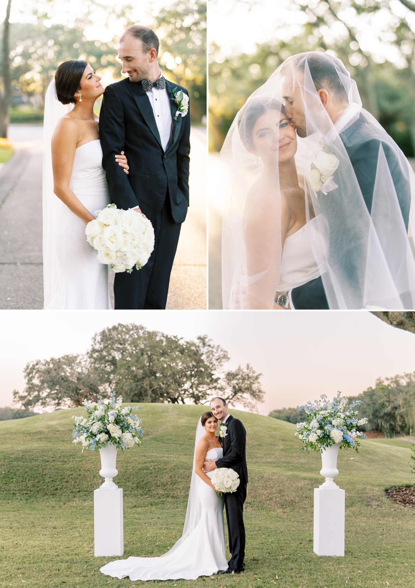 Bride and groom smiling at each other while bride holds large white rose bouquet