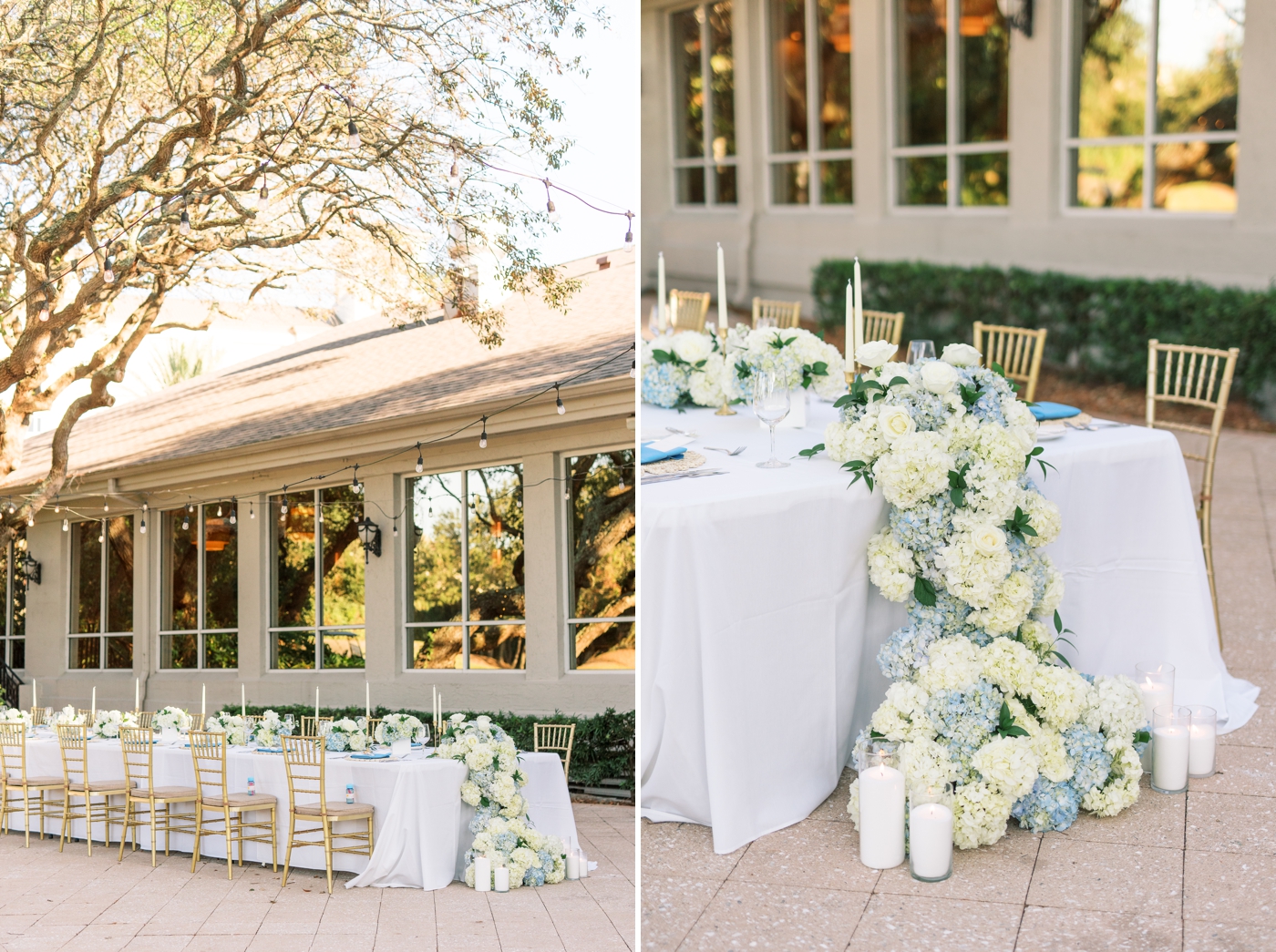 single long wedding reception table with blue and white hydrangea waterfall, candles, and gold chiavari chairs 