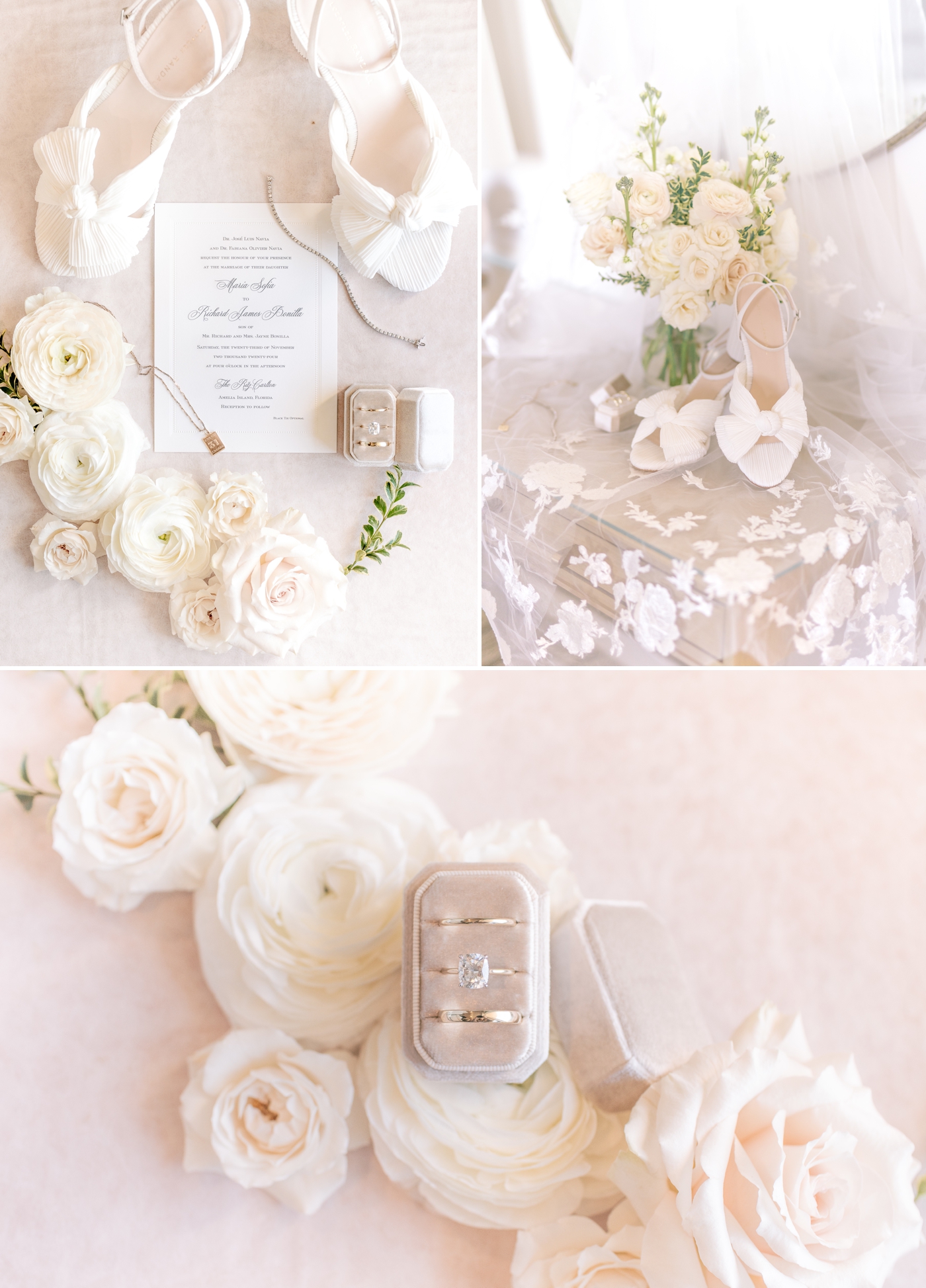 Two wedding bands and an engagement ring in a pale mauve ring box set on top of white and blush flowers