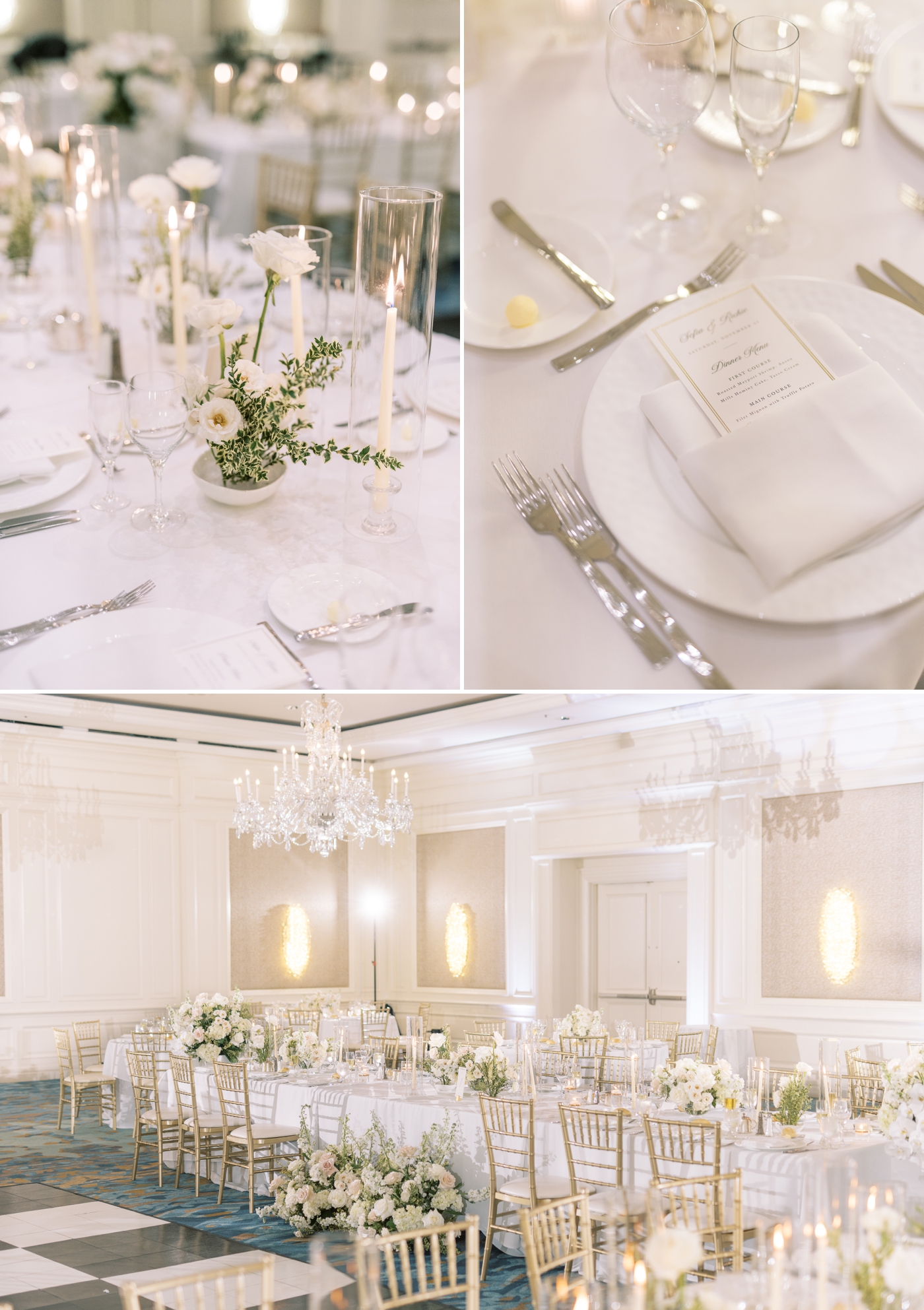 wedding reception in the ballroom at Ritz Carlton Amelia Island with black and white checkered dance floor, white linens, gold chairs, and white florals 