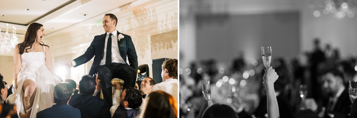 Bride and groom in chairs above the dance floor surrounded by guests during the Torah